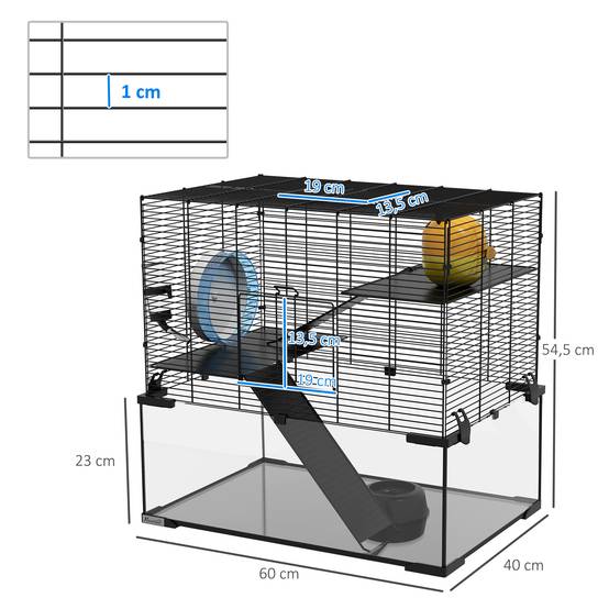 Cage hamster 3 niveaux acier fond verre accessoires inclus 60x40x54cm noir - ComfortXL Outdoor Living - Image 5