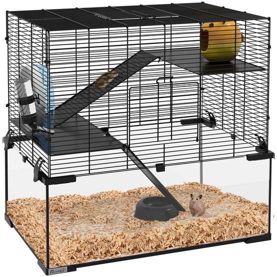 Cage hamster 3 niveaux acier fond verre accessoires inclus 60x40x54cm noir - ComfortXL Outdoor Living - Image 1