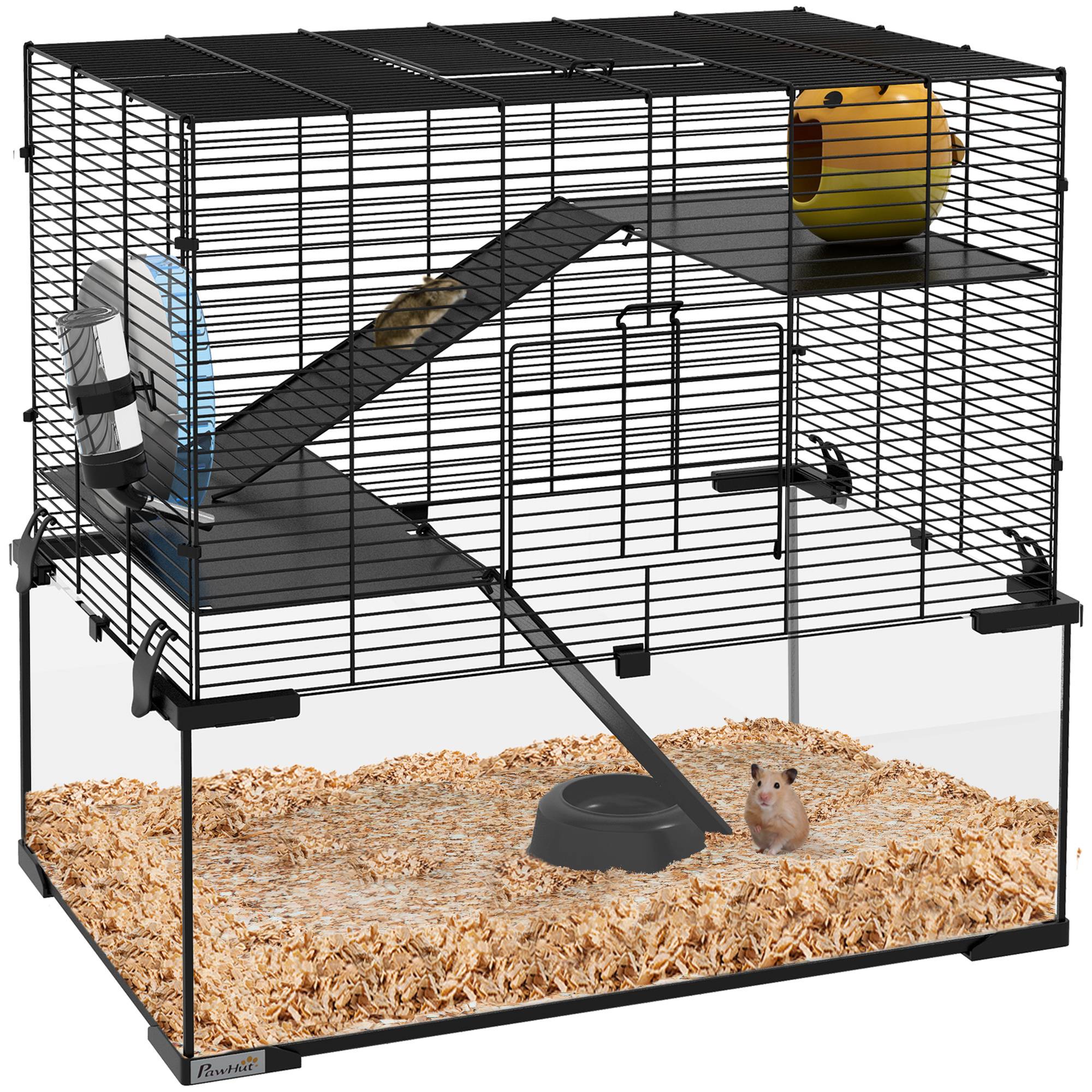 Cage hamster 3 niveaux acier fond verre accessoires inclus 60x40x54cm noir - ComfortXL Outdoor Living - Image 1