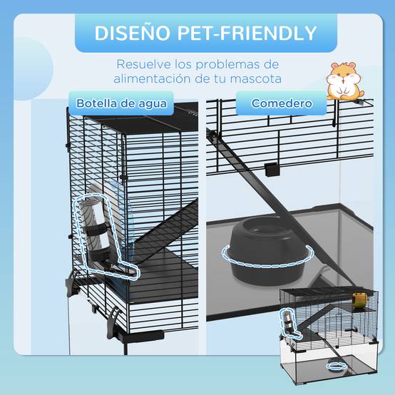 Cage hamster 3 niveaux acier fond verre accessoires inclus 60x40x54cm noir - ComfortXL Outdoor Living - Image 7