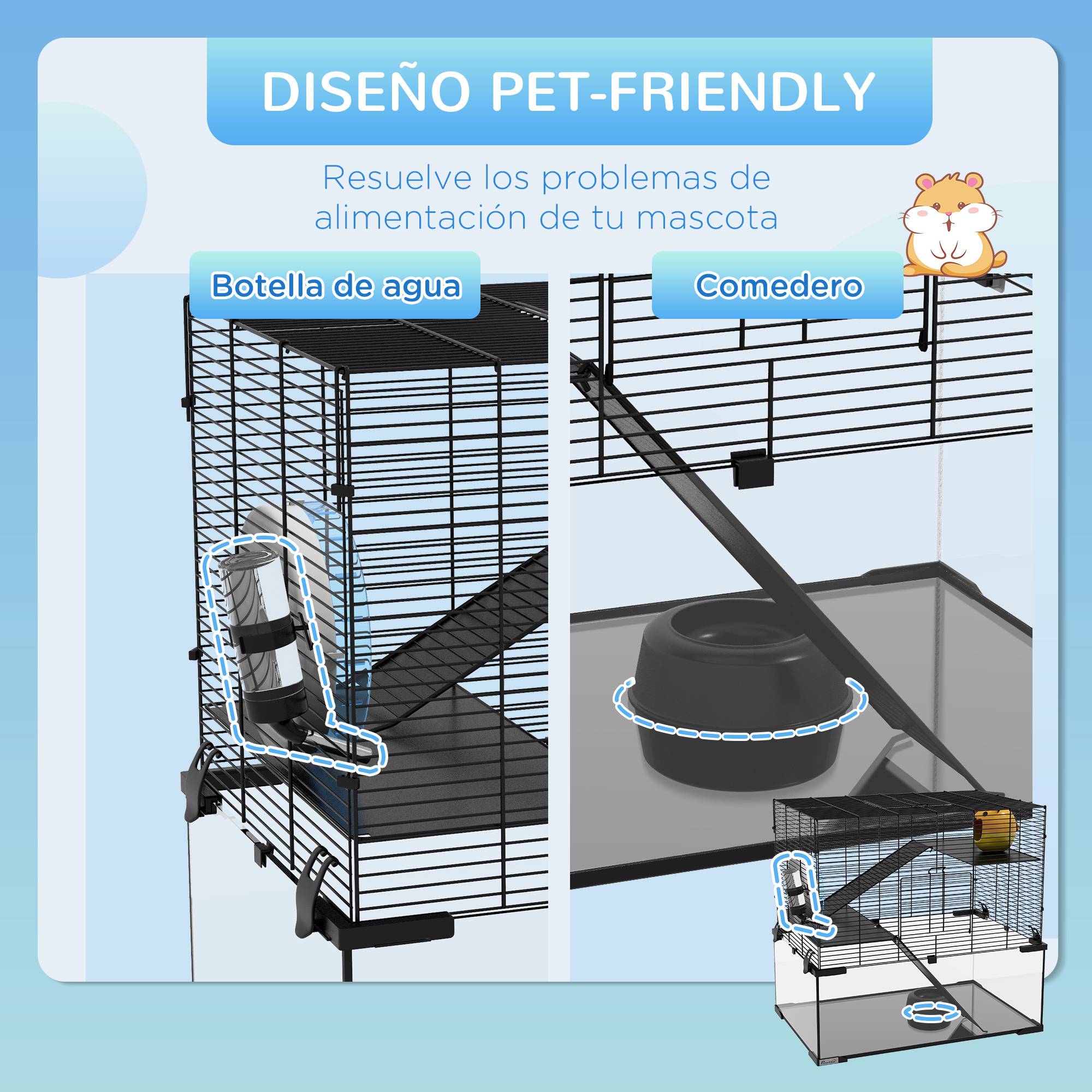 Cage hamster 3 niveaux acier fond verre accessoires inclus 60x40x54cm noir - ComfortXL Outdoor Living - Image 7