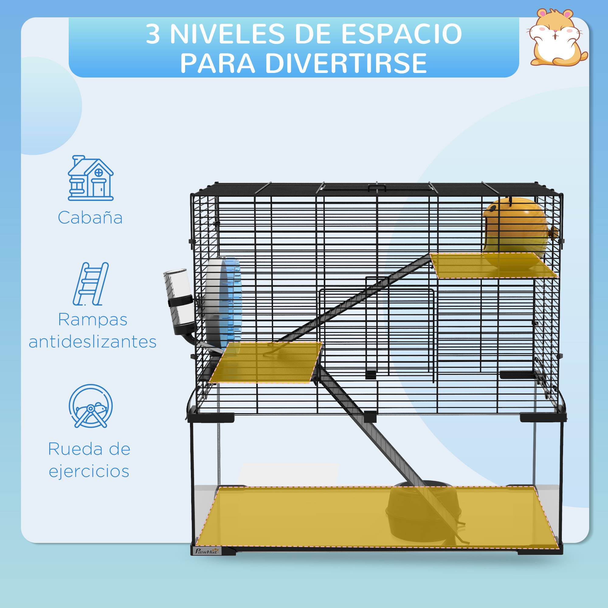 Cage hamster 3 niveaux acier fond verre accessoires inclus 60x40x54cm noir - ComfortXL Outdoor Living - Image 6