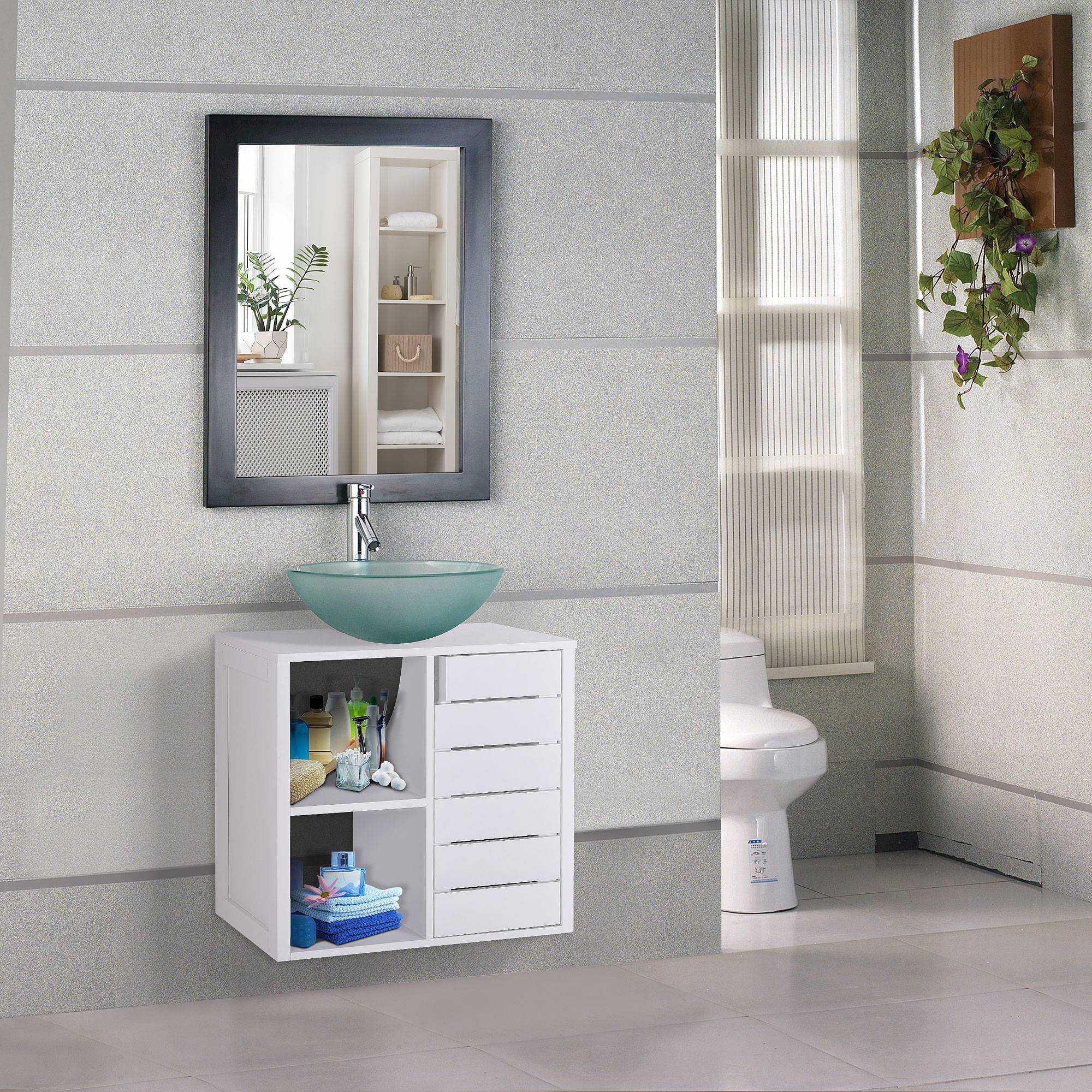 Sans Marque - Meuble vasque mural compact 2 étagères ouvertes espace fermé 60x30x54 cm blanc - Image 3
