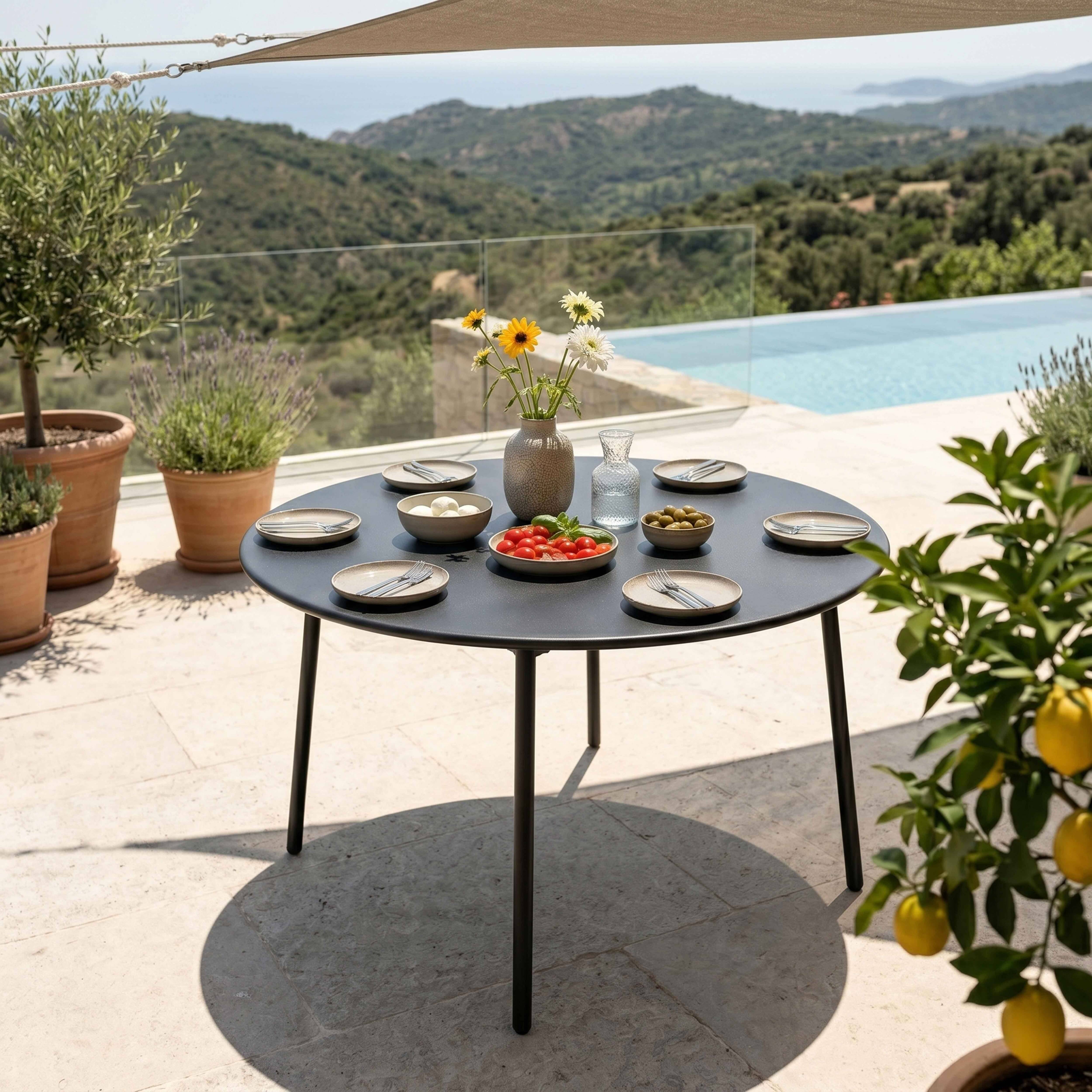 Oviala - Ensemble table de jardin ronde et 6 chaises en métal anthracite Palavas - Oviala - Image 3