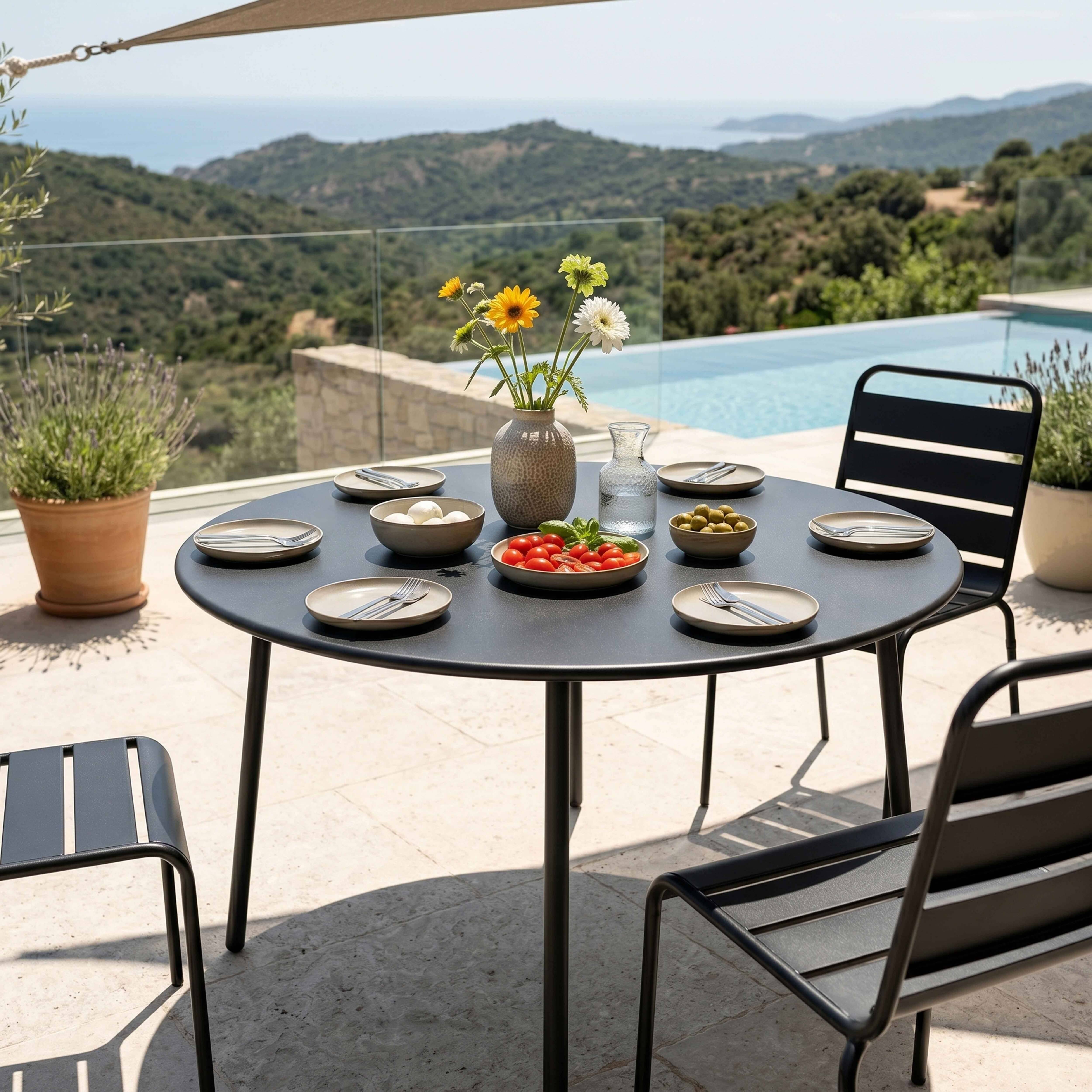 Oviala - Ensemble table de jardin ronde et 6 chaises en métal anthracite Palavas - Oviala - Image 4