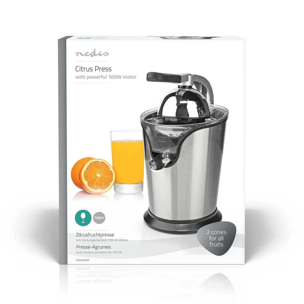 Presse-agrumes 100W Inox Silencieux Levier Bec Anti goutte 2 cones Haute Qualité NEDIS - Image 4