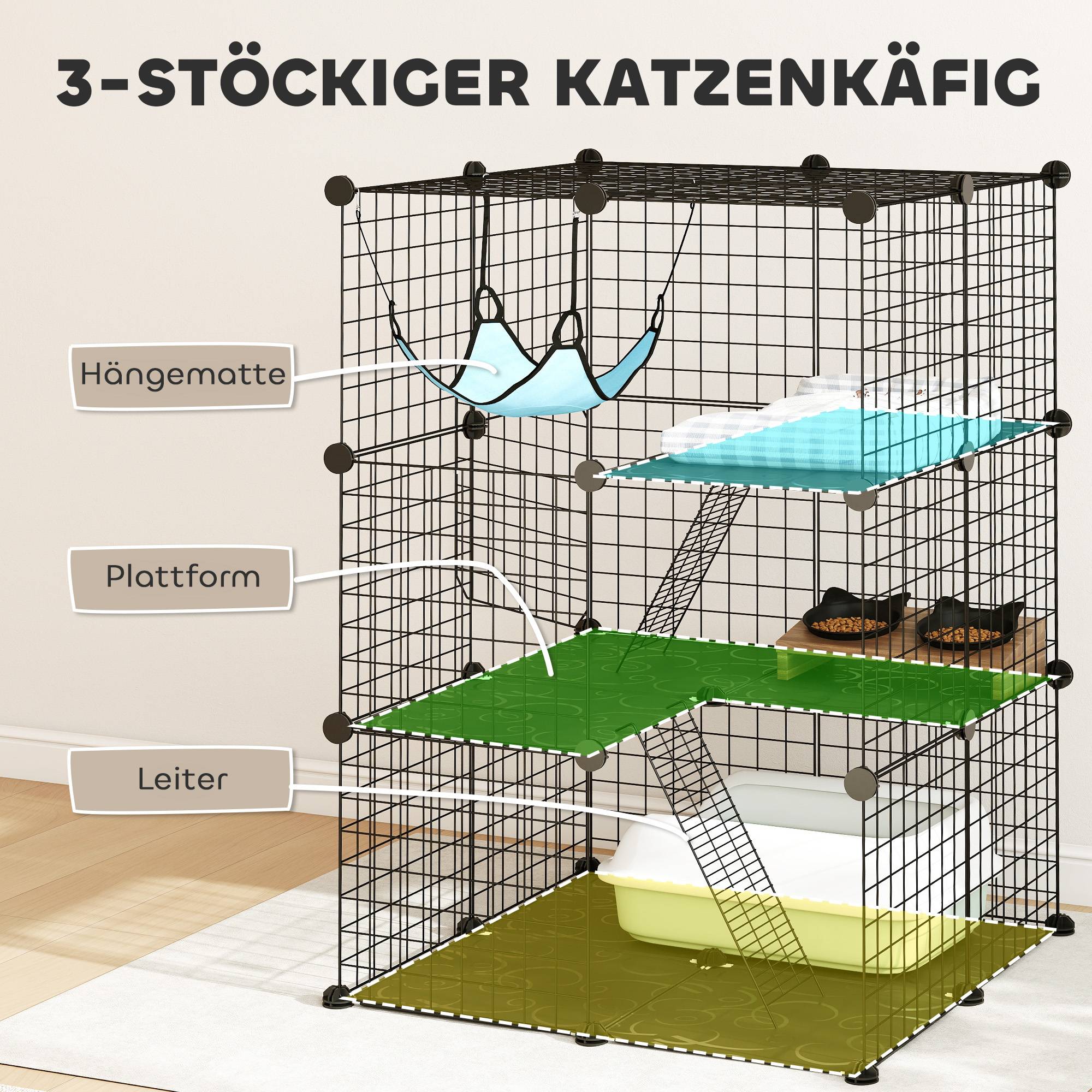 Sans Marque - Cage d'intérieur pour chat de 105 cm, enclos en acier avec 3 portes, design personnalisable pour chatons de moins de 4 kg - Image 7