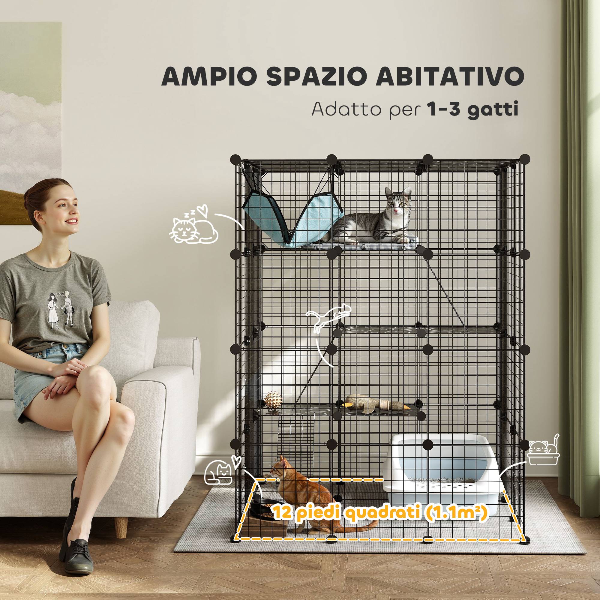 Cage modulable pour chat à 4 niveaux avec plateformes, rampes et 5 portes, acier et PP, 105 x 105 x 140 cm, noire - Image 6