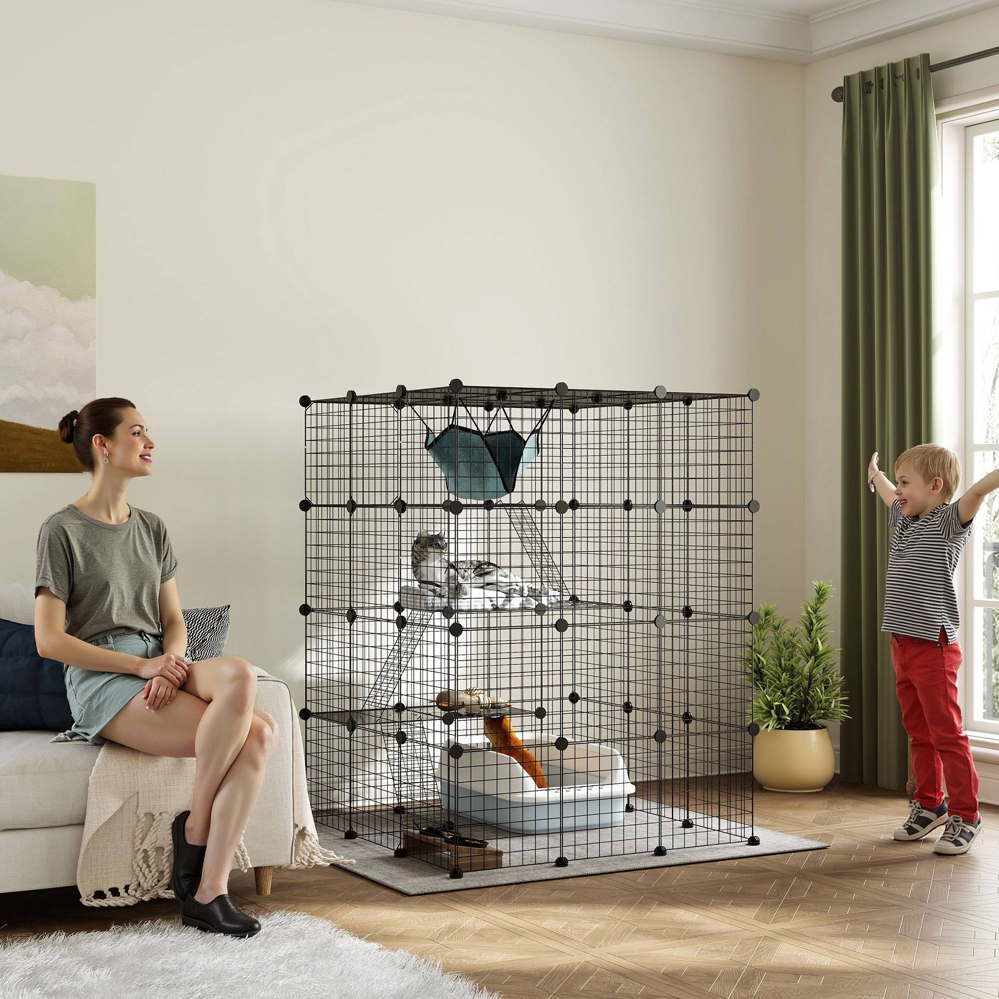 Cage modulable pour chat à 4 niveaux avec plateformes, rampes et 5 portes, acier et PP, 105 x 105 x 140 cm, noire - Image 3