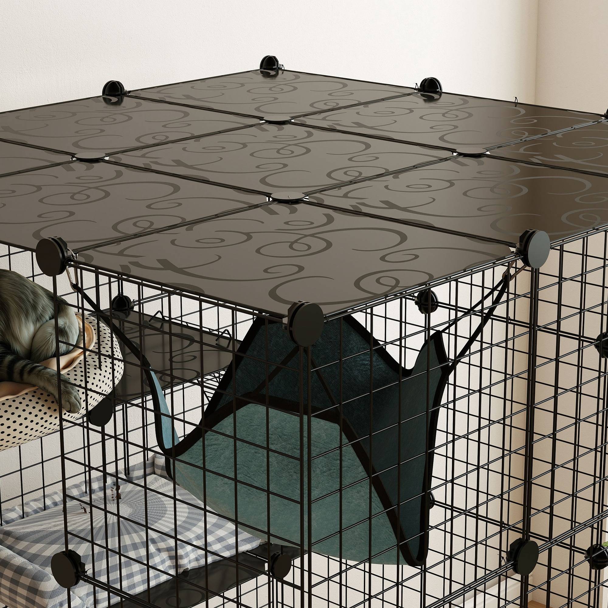 Cage modulable pour chat à 4 niveaux avec plateformes, rampes et 5 portes, acier et PP, 105 x 105 x 140 cm, noire - Image 10