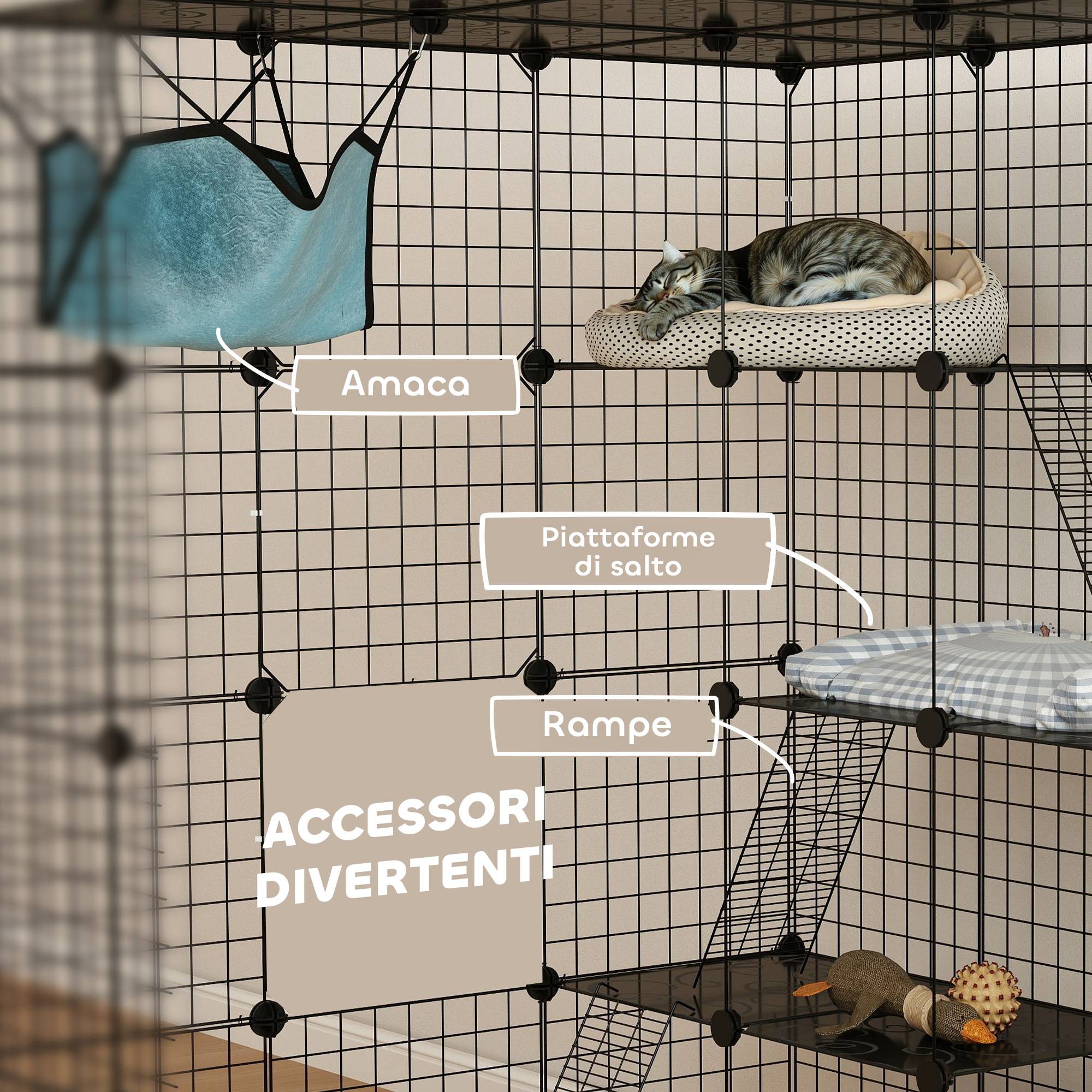 Cage modulable pour chat à 4 niveaux avec plateformes, rampes et 5 portes, acier et PP, 105 x 105 x 140 cm, noire - Image 9