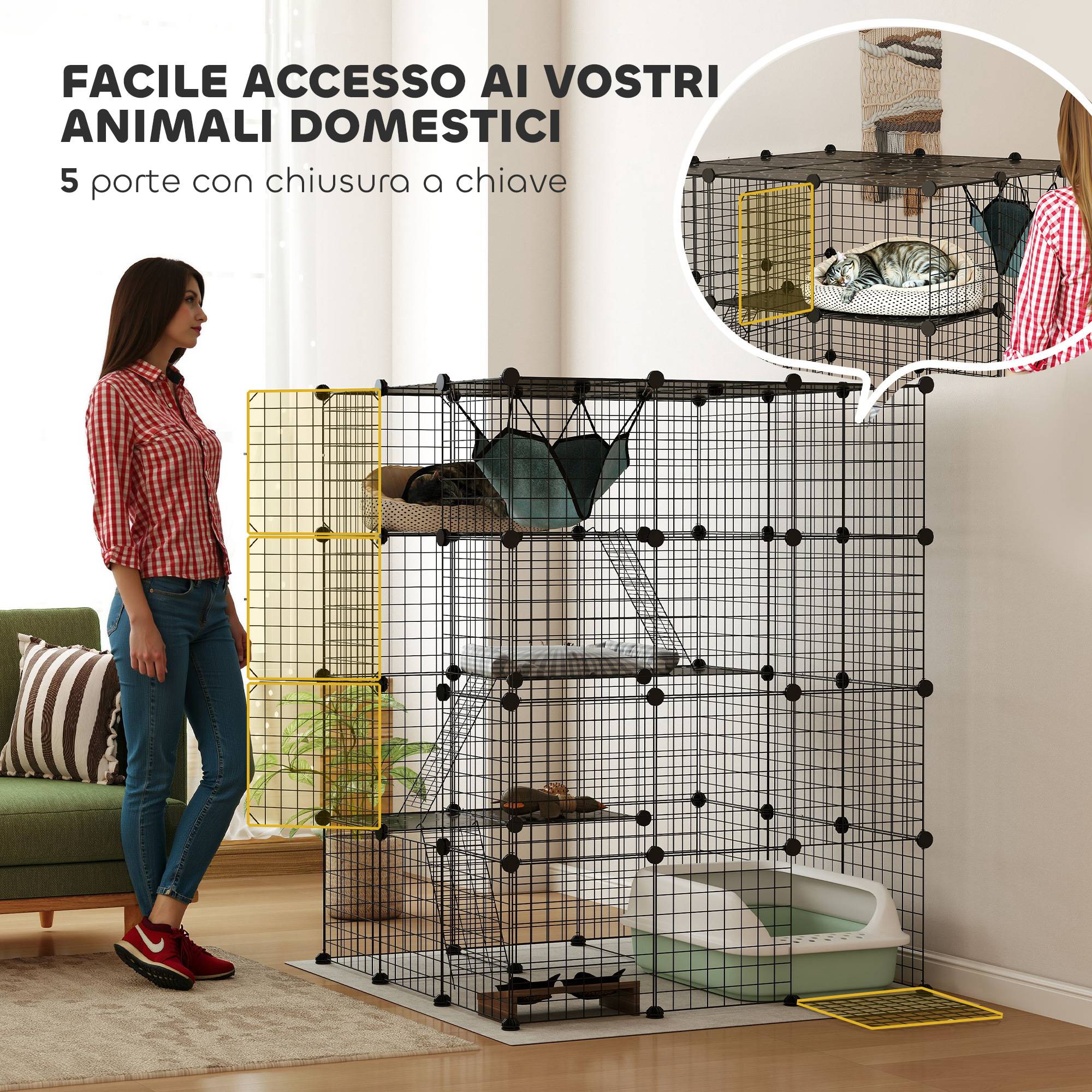 Cage modulable pour chat à 4 niveaux avec plateformes, rampes et 5 portes, acier et PP, 105 x 105 x 140 cm, noire - Image 8