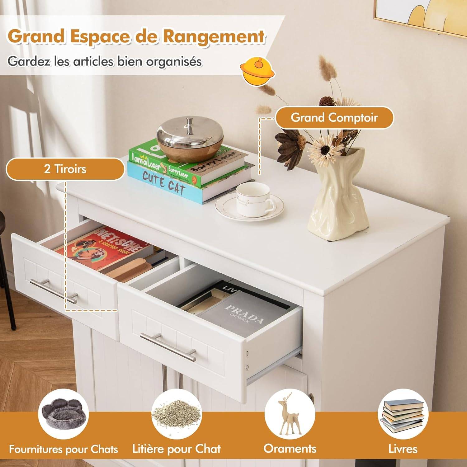 COSTWAY Meuble Litiere Chat en Bois, 2 Portes et 2 Tiroirs, Kits Anti-basculement, Base Épaissie 7,5 cm, Entrée Latérale, 80 × 45 × 80 cm, Blanc - Image 7
