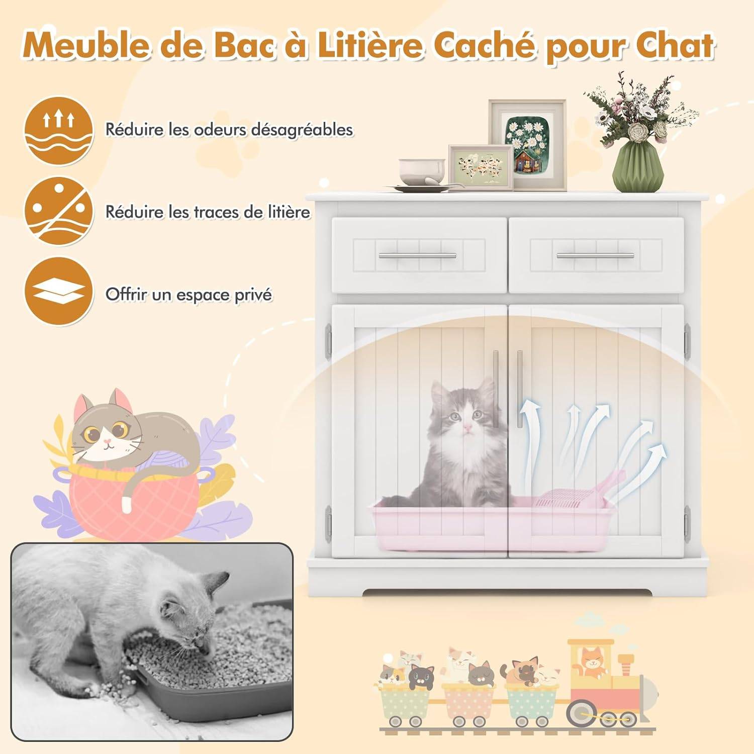 COSTWAY Meuble Litiere Chat en Bois, 2 Portes et 2 Tiroirs, Kits Anti-basculement, Base Épaissie 7,5 cm, Entrée Latérale, 80 × 45 × 80 cm, Blanc - Image 6