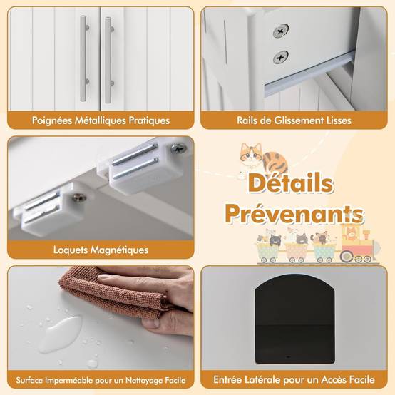 COSTWAY Meuble Litiere Chat en Bois, 2 Portes et 2 Tiroirs, Kits Anti-basculement, Base Épaissie 7,5 cm, Entrée Latérale, 80 × 45 × 80 cm, Blanc - Image 9