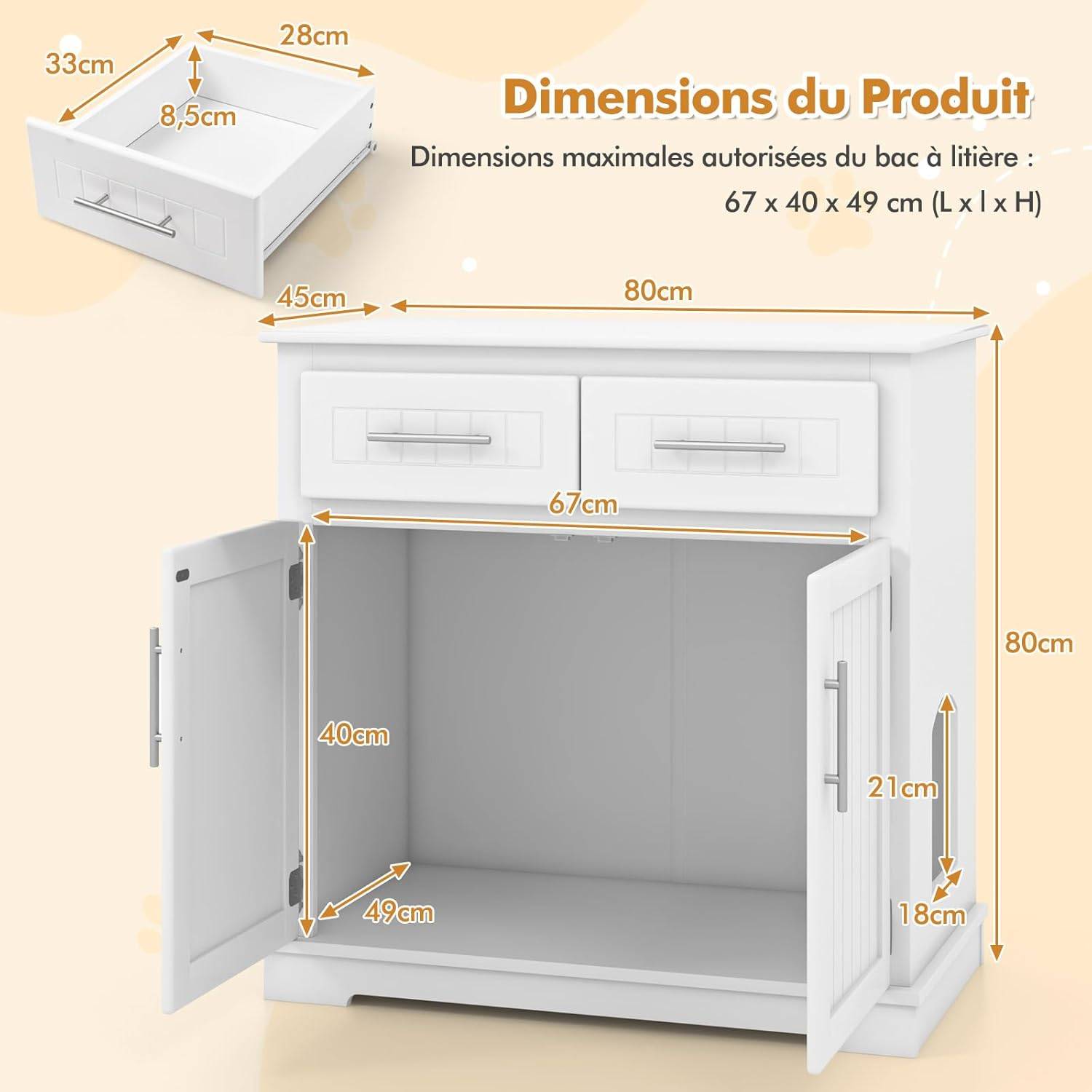 COSTWAY Meuble Litiere Chat en Bois, 2 Portes et 2 Tiroirs, Kits Anti-basculement, Base Épaissie 7,5 cm, Entrée Latérale, 80 × 45 × 80 cm, Blanc - Image 4