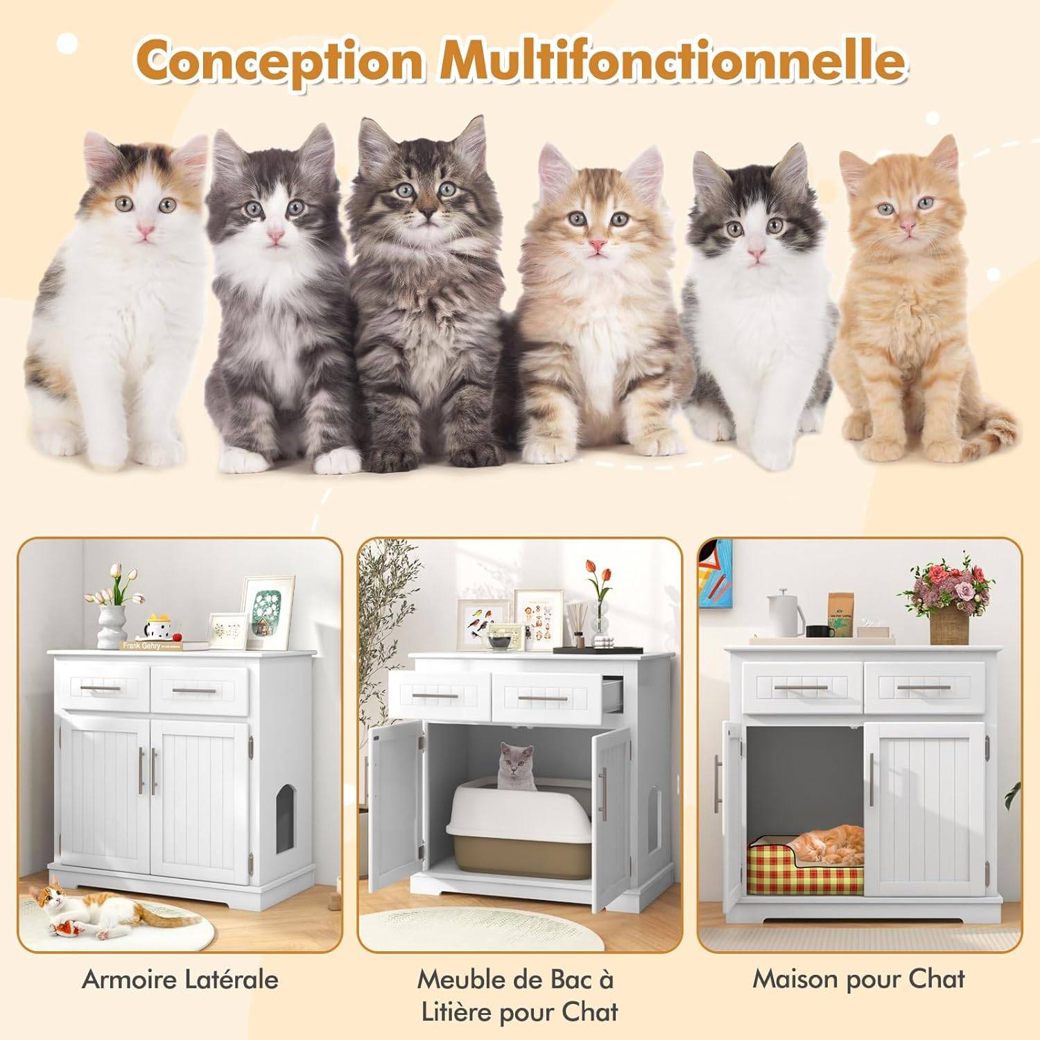 COSTWAY Meuble Litiere Chat en Bois, 2 Portes et 2 Tiroirs, Kits Anti-basculement, Base Épaissie 7,5 cm, Entrée Latérale, 80 × 45 × 80 cm, Blanc - Image 5