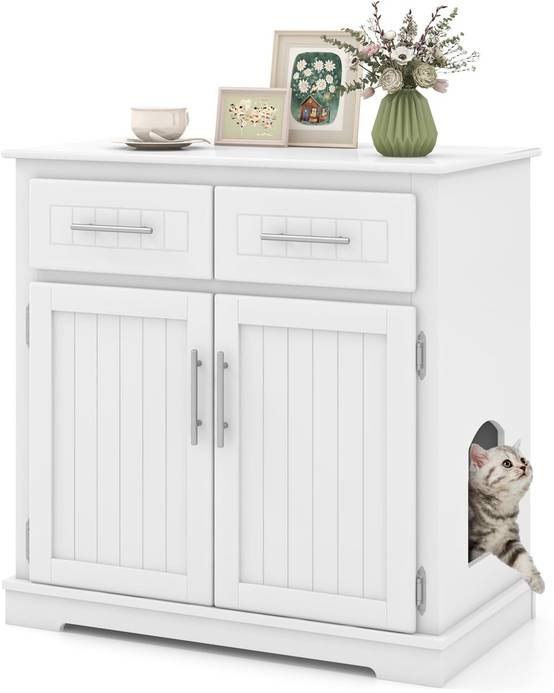 COSTWAY Meuble Litiere Chat en Bois, 2 Portes et 2 Tiroirs, Kits Anti-basculement, Base Épaissie 7,5 cm, Entrée Latérale, 80 × 45 × 80 cm, Blanc - Image 1
