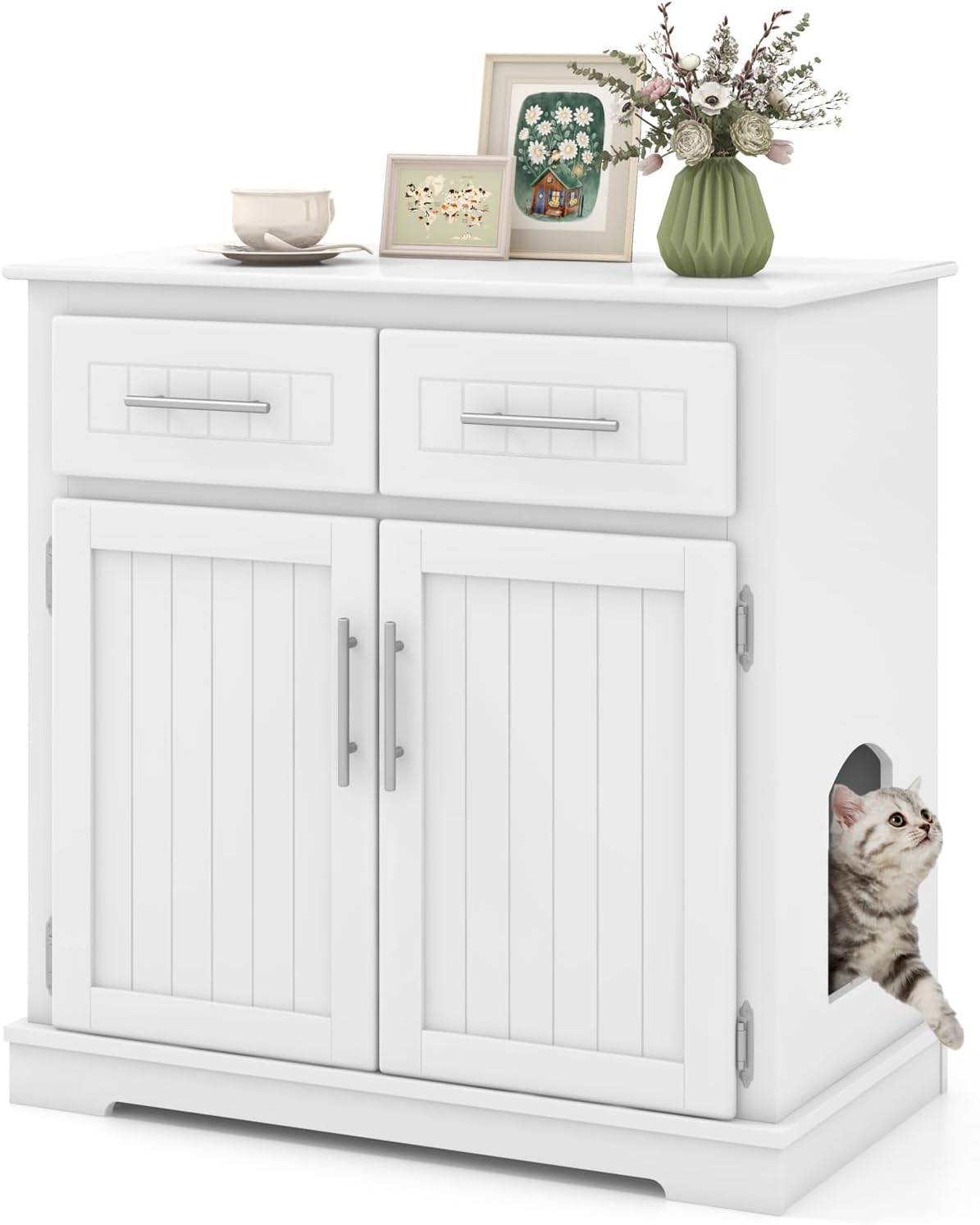 COSTWAY Meuble Litiere Chat en Bois, 2 Portes et 2 Tiroirs, Kits Anti-basculement, Base Épaissie 7,5 cm, Entrée Latérale, 80 × 45 × 80 cm, Blanc - Image 1