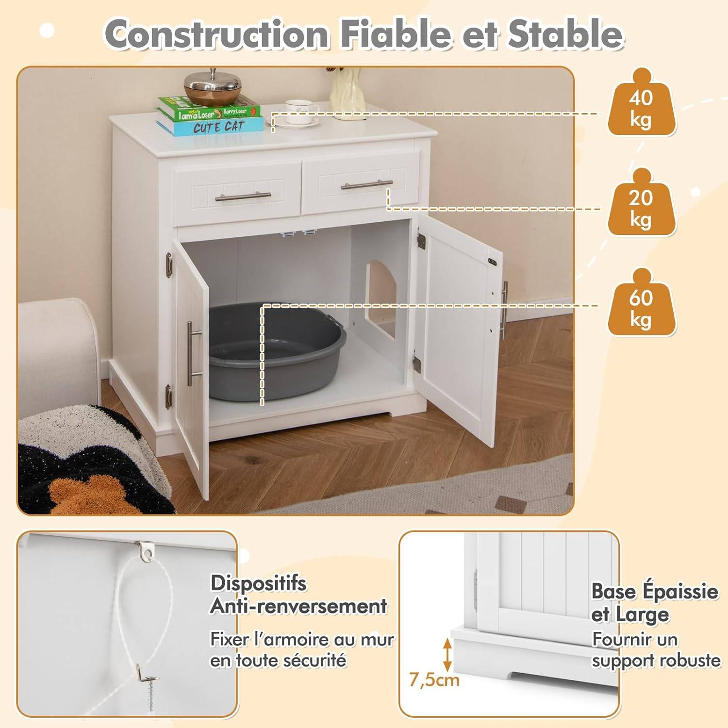 COSTWAY Meuble Litiere Chat en Bois, 2 Portes et 2 Tiroirs, Kits Anti-basculement, Base Épaissie 7,5 cm, Entrée Latérale, 80 × 45 × 80 cm, Blanc - Image 8