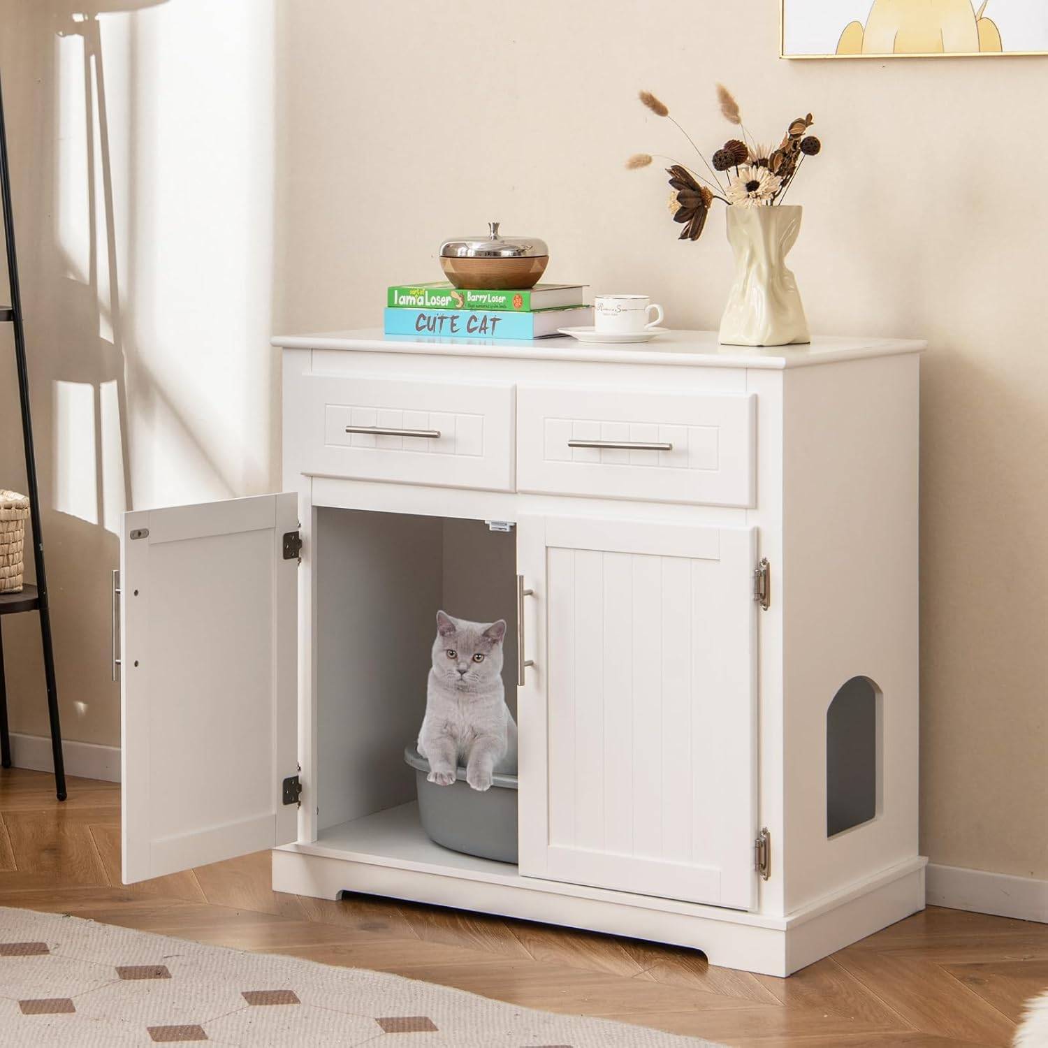 COSTWAY Meuble Litiere Chat en Bois, 2 Portes et 2 Tiroirs, Kits Anti-basculement, Base Épaissie 7,5 cm, Entrée Latérale, 80 × 45 × 80 cm, Blanc - Image 2