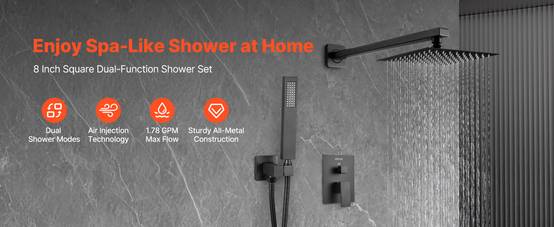 VEVOR Kit de Douche avec Douchette de Tête Carrée 20,3 cm et à Main Noir Mat - Image 9