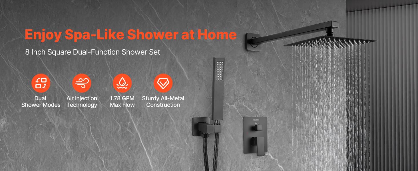 VEVOR Kit de Douche avec Douchette de Tête Carrée 20,3 cm et à Main Noir Mat - Image 9
