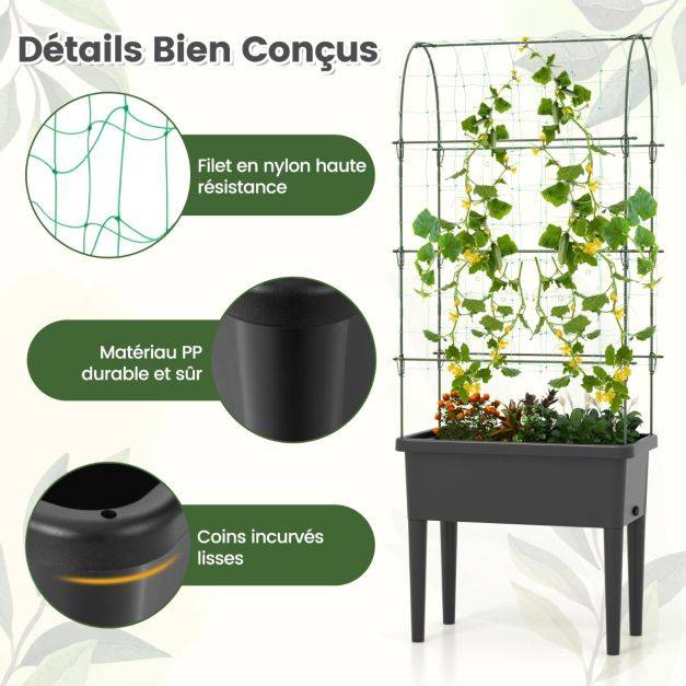 Helloshop26 - Jardinière surélevée à arrosage automatique avec treillis lit de jardin avec indicateur de niveau d'eau trou de drainage pour fleurs légumes noir - Image 3