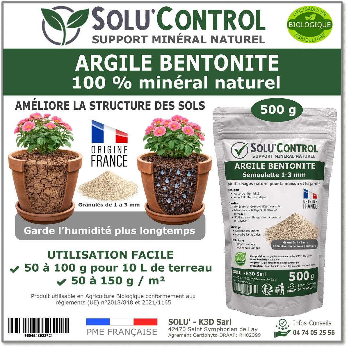 SOLU'CONTROL Argile Bentonite Naturelle 500 g – Support Minéral Jardin – Améliore la Rétention en Eau des Sols et Terreaux – UAB - Image 1