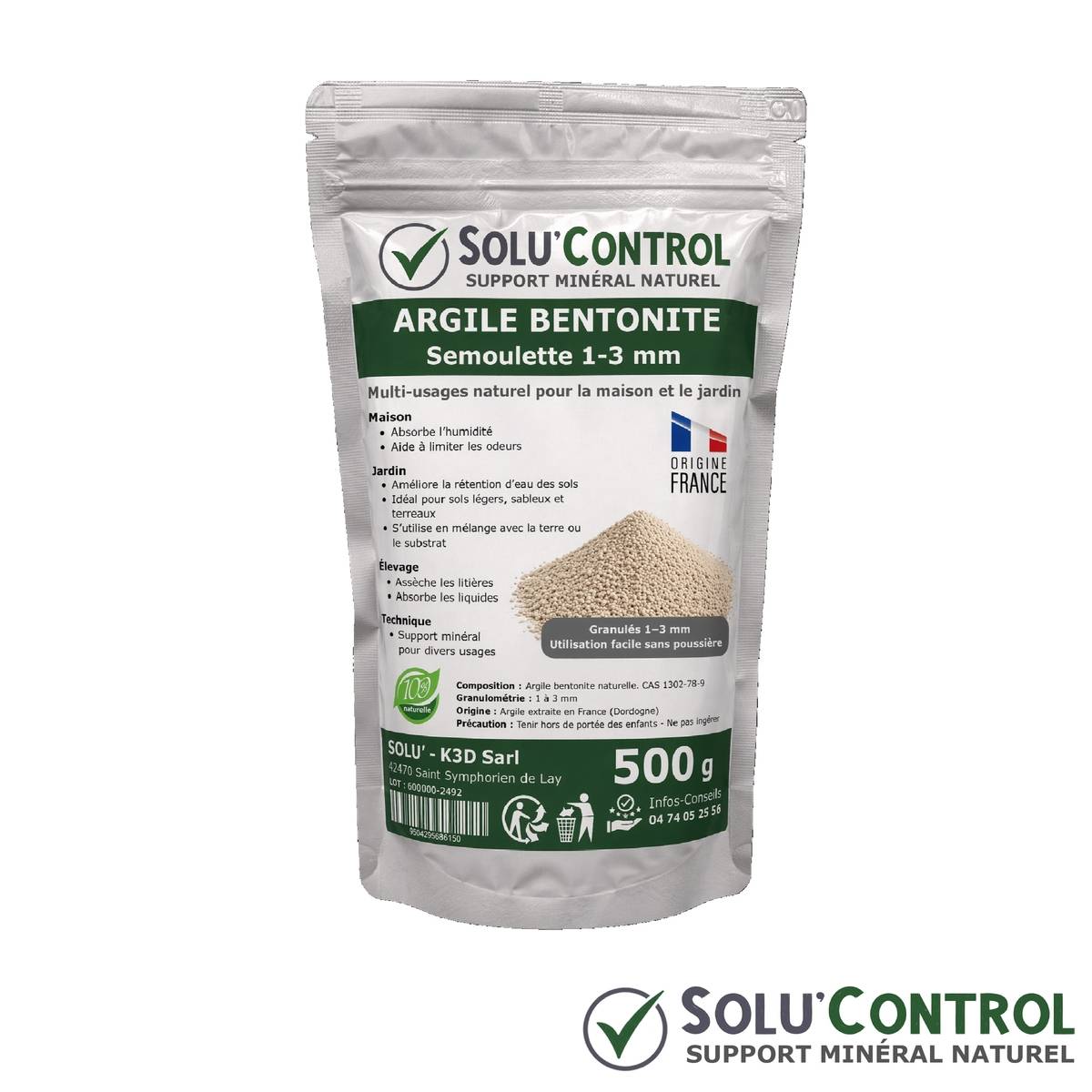 SOLU'CONTROL Argile Bentonite Naturelle 500 g – Support Minéral Jardin – Améliore la Rétention en Eau des Sols et Terreaux – UAB - Image 2