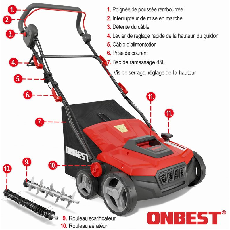 Scarificateur Aérateur de pelouse électrique 2 en 1 1800 watts Largeur travail 38cm - Image 2