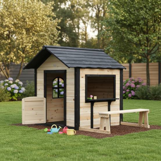 Maisonnette enfants 1,6 m² bois sapin thermo-traité Abracadaprout Schproutch naturel noir - Image 1