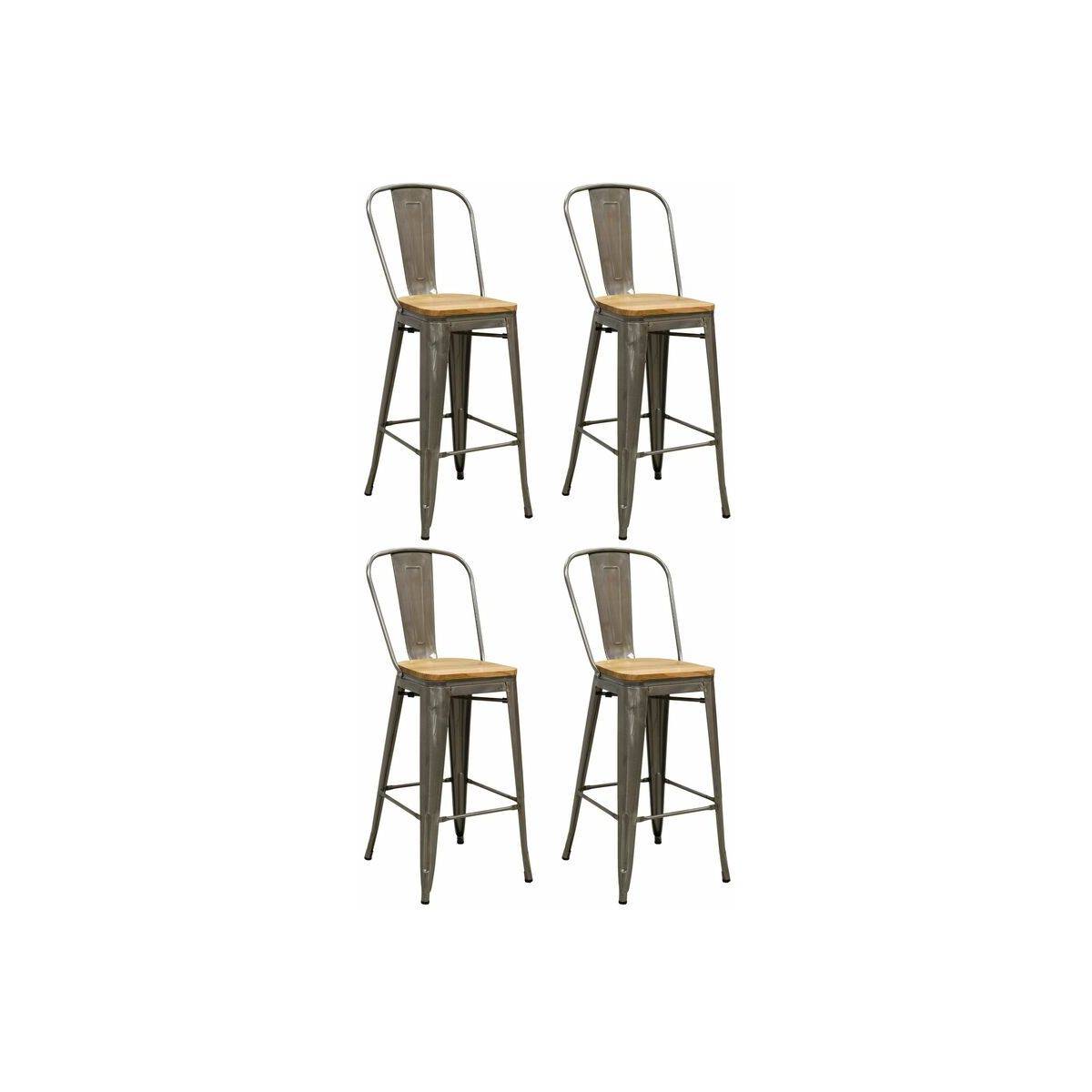 Aubry Gaspard - Tabouret industriel en métal et bois d'orme huilé (Lot de 4) Acier brossé - Image 1