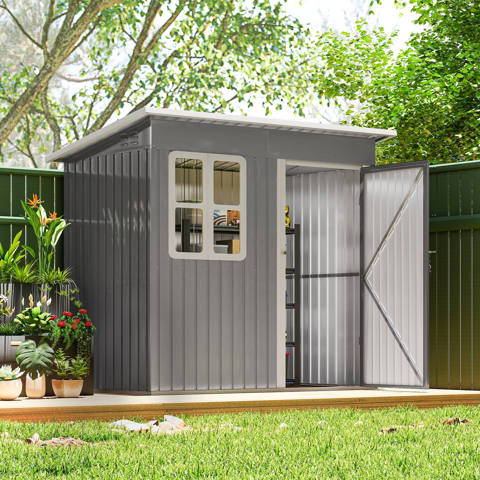 Abri de jardin acier 221x133x190 cm gris avec fenêtre porte verrouillable, cabane rangement extérieur terrasse - Image 4