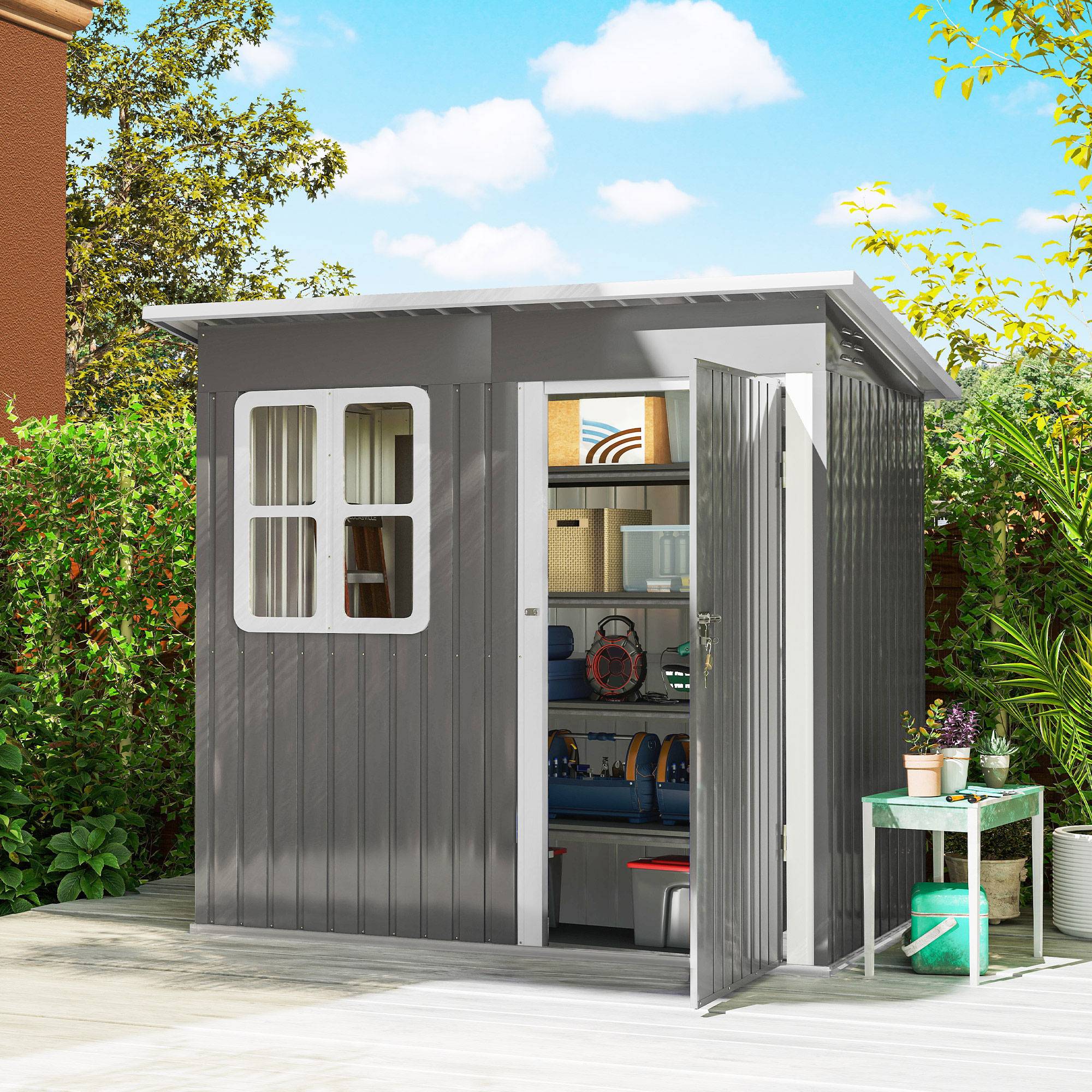 Abri de jardin acier 221x133x190 cm gris avec fenêtre porte verrouillable, cabane rangement extérieur terrasse - Image 3