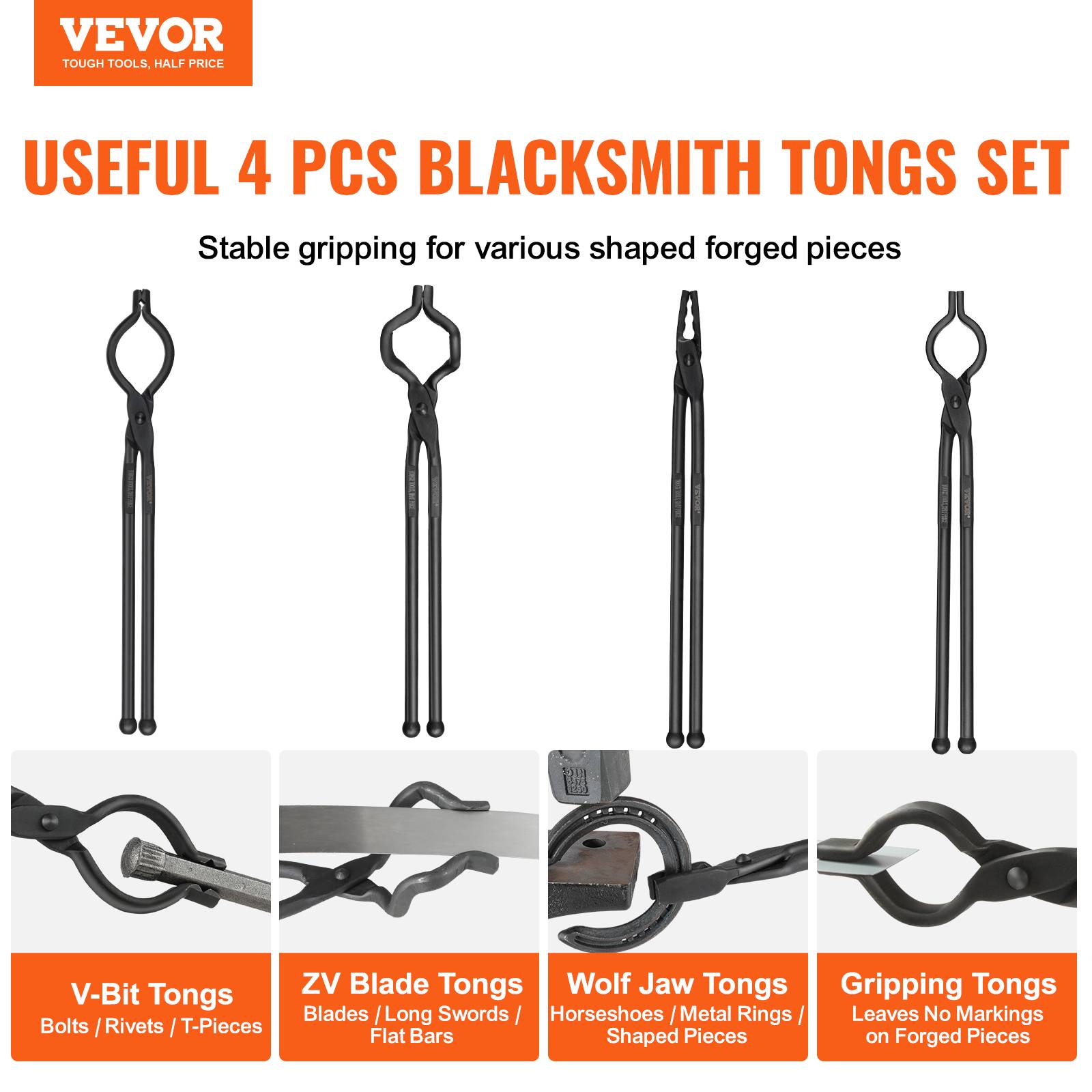 VEVOR Pince forge 4 pièces, 46 cm, acier carbone. Pour forgeron, préhension. - Image 2