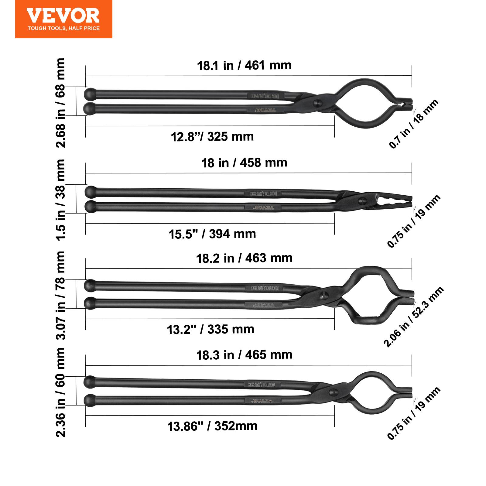 VEVOR Pince forge 4 pièces, 46 cm, acier carbone. Pour forgeron, préhension. - Image 7