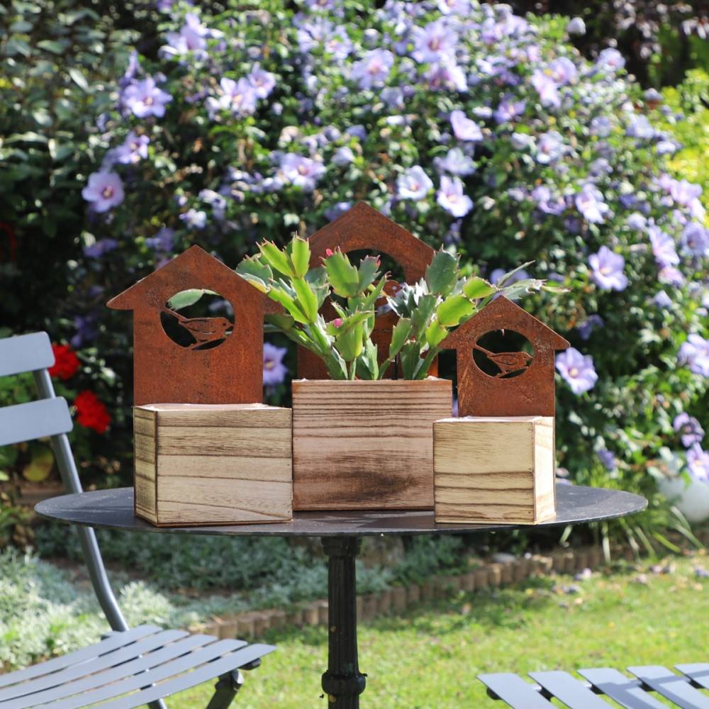 Set3 jardinières extérieures jardin bois métal marron 20-25-30cm Chemin de campagne - Image 2