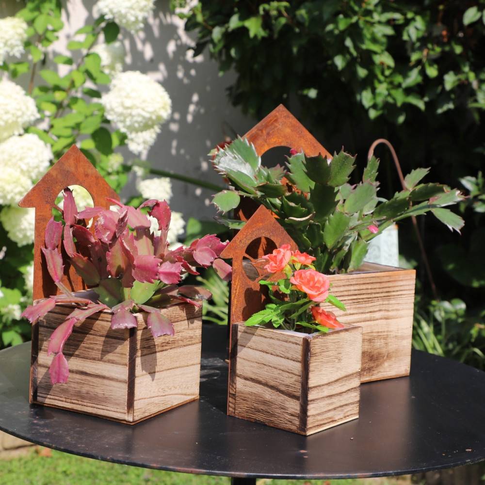 Set3 jardinières extérieures jardin bois métal marron 20-25-30cm Chemin de campagne - Image 3