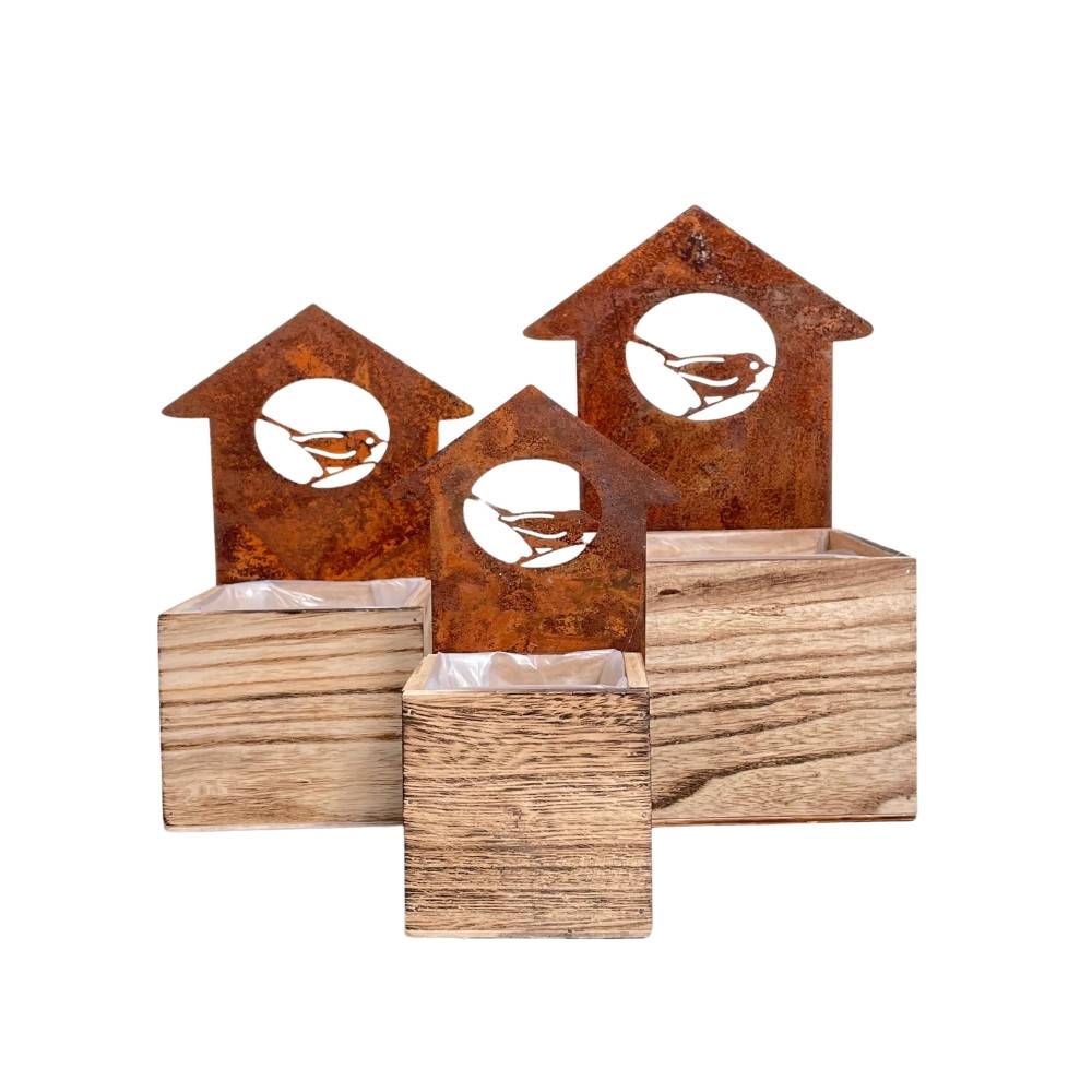 Set3 jardinières extérieures jardin bois métal marron 20-25-30cm Chemin de campagne - Image 1