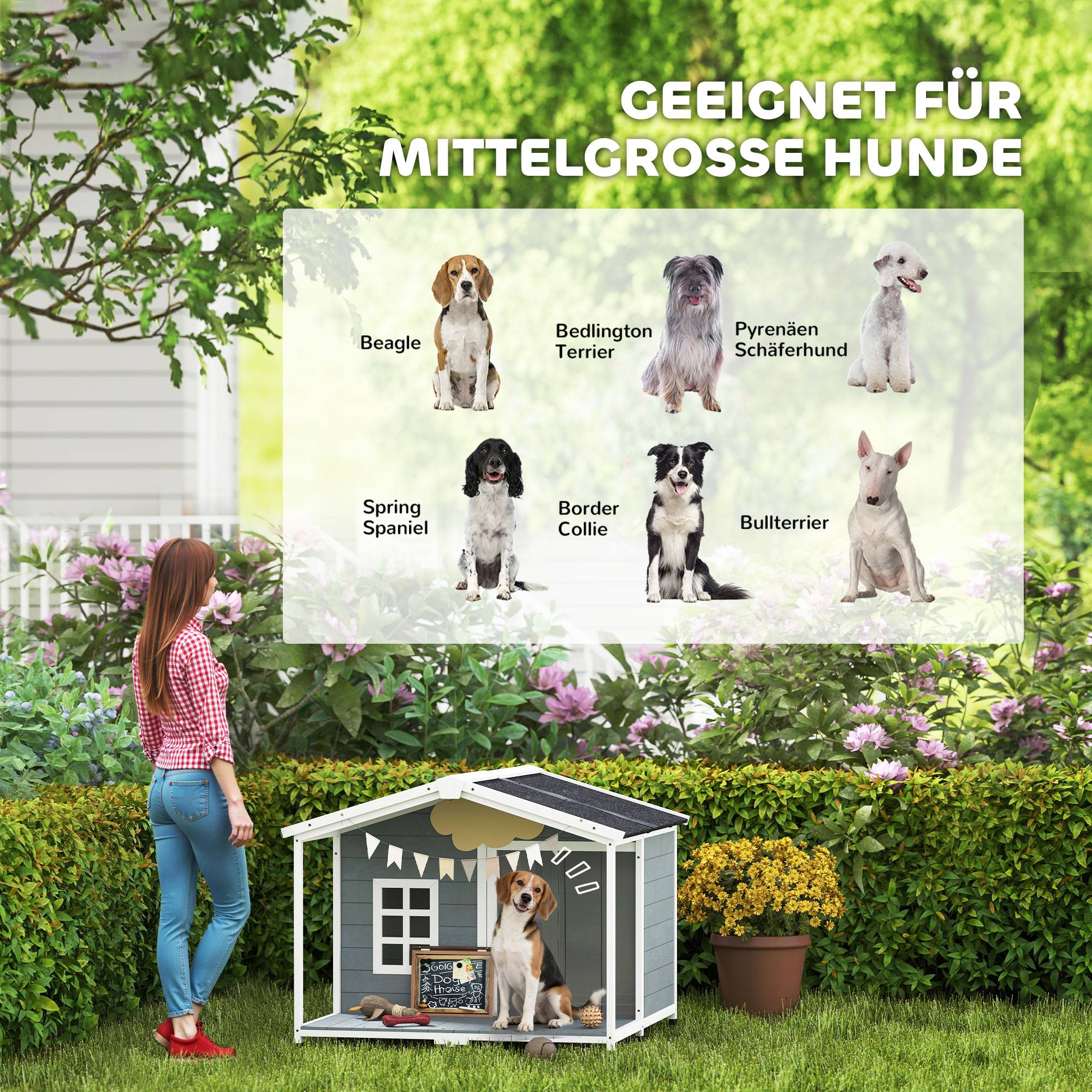 Niche chien résistante aux intempéries bois surélevée, toit asphalte, terrasse, chien moyen,103x107x83,5cm gris - Image 9