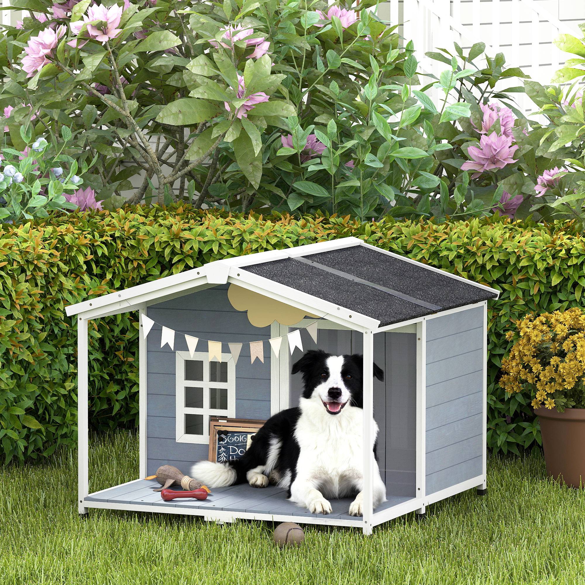 Niche chien résistante aux intempéries bois surélevée, toit asphalte, terrasse, chien moyen,103x107x83,5cm gris - Image 3