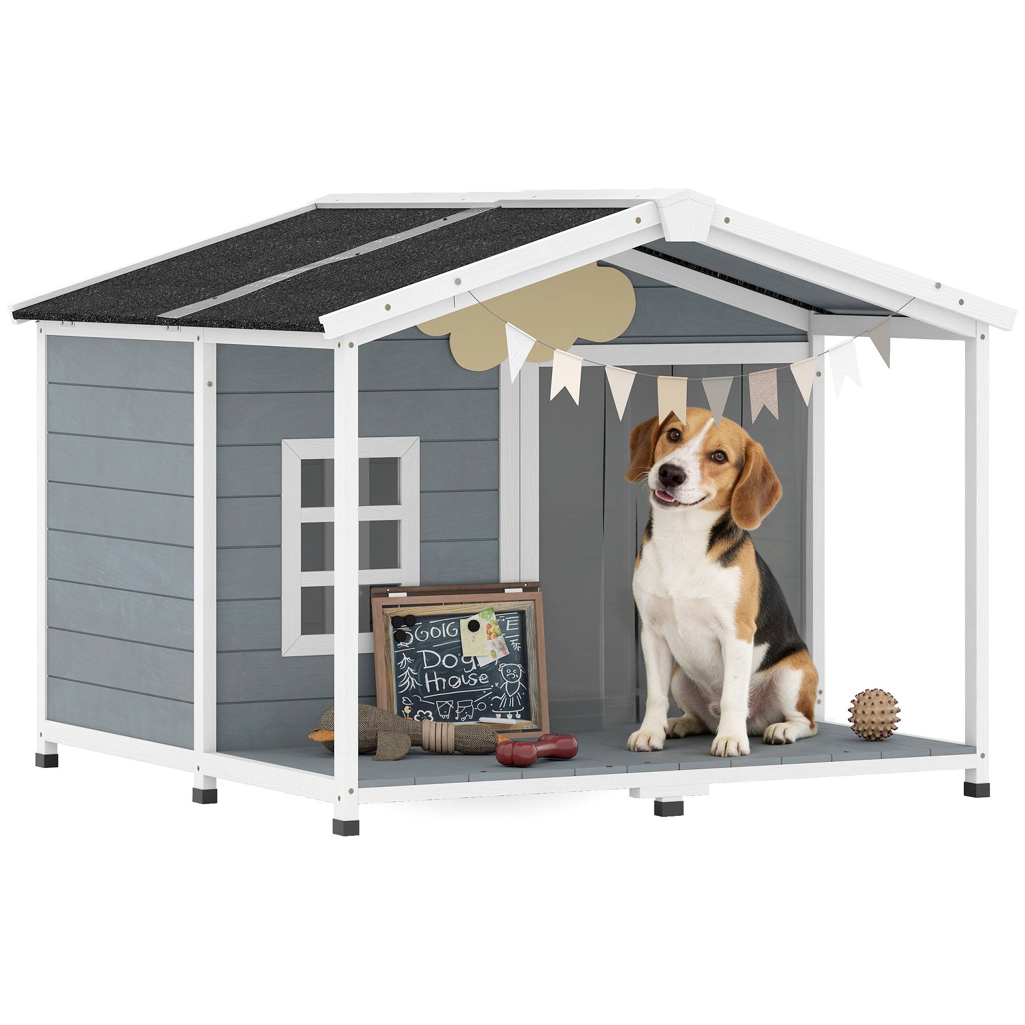Niche chien résistante aux intempéries bois surélevée, toit asphalte, terrasse, chien moyen,103x107x83,5cm gris - Image 1