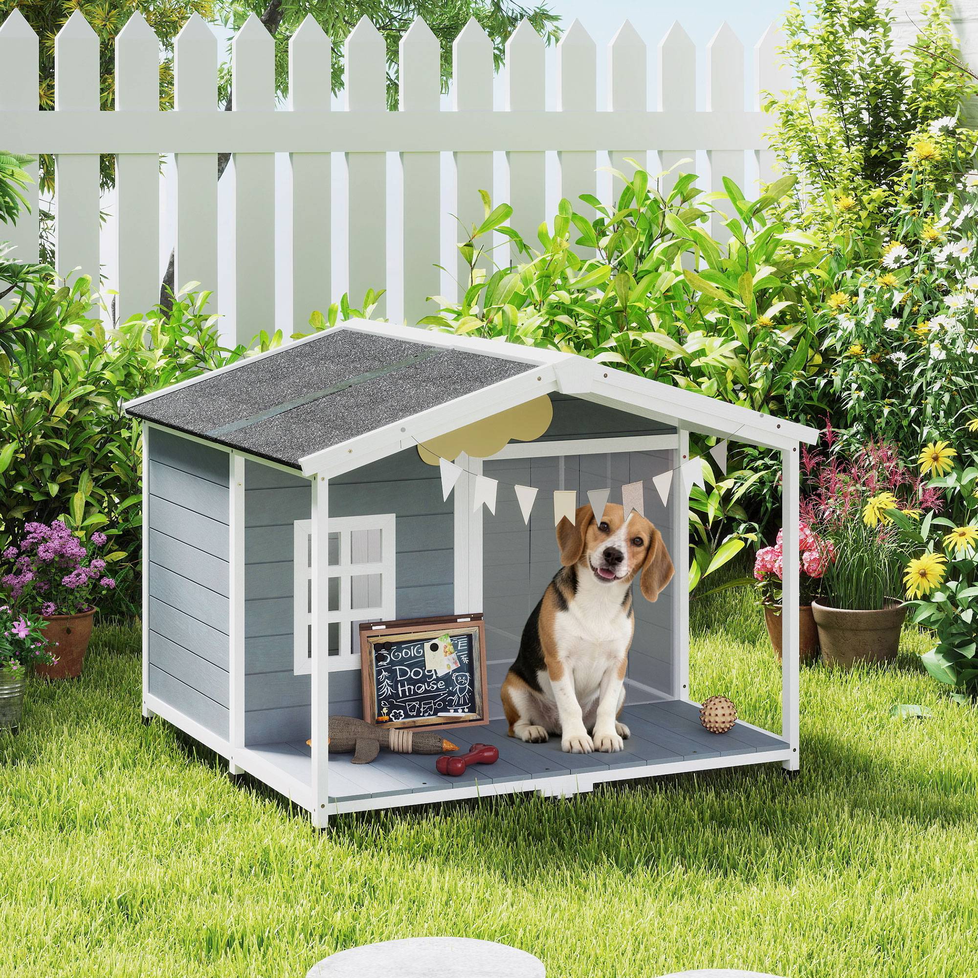 Niche chien résistante aux intempéries bois surélevée, toit asphalte, terrasse, chien moyen,103x107x83,5cm gris - Image 4