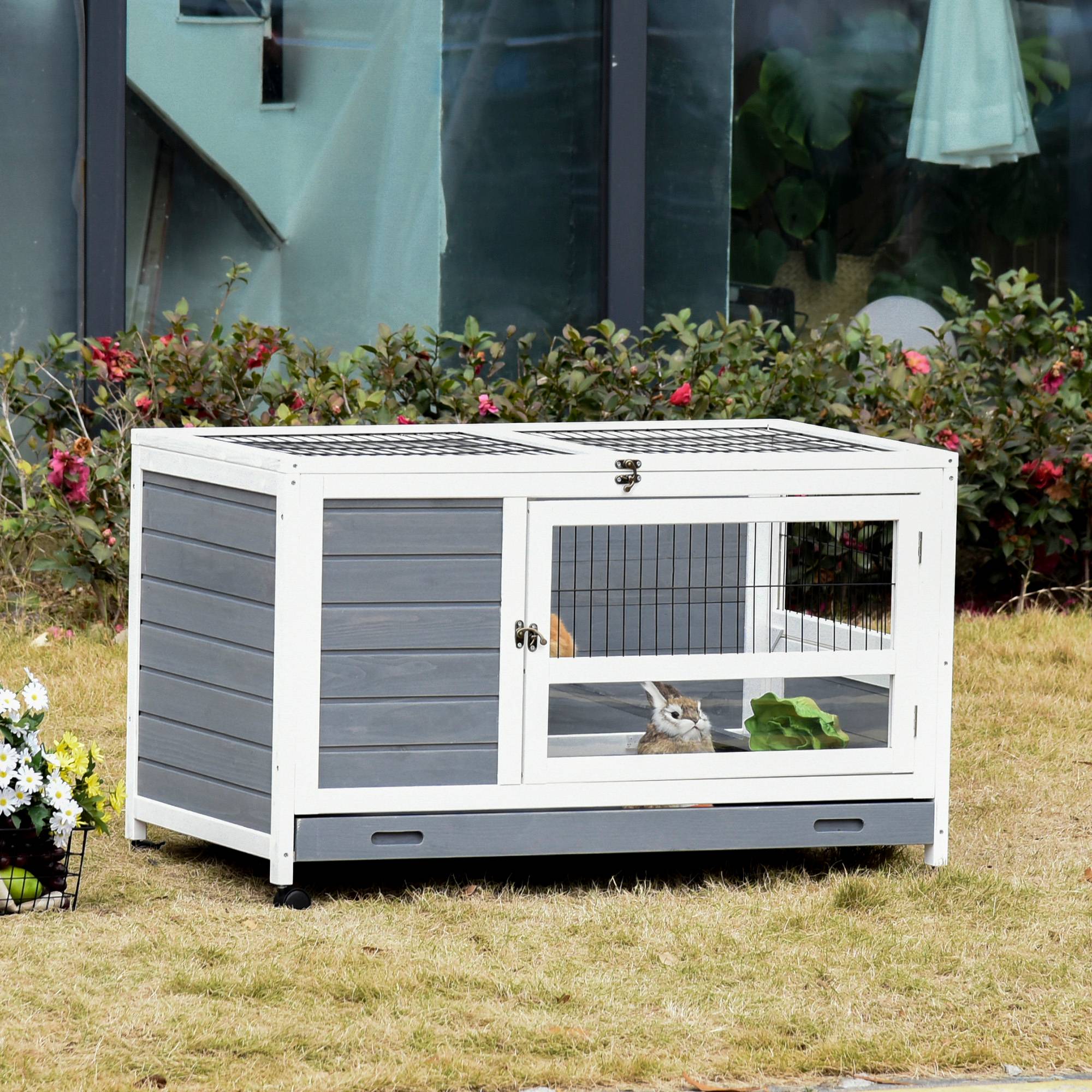 Sans Marque - Clapier bois cage lapin villa plateau coulissant porte verrouillable dessus ouvrable gris - Image 3
