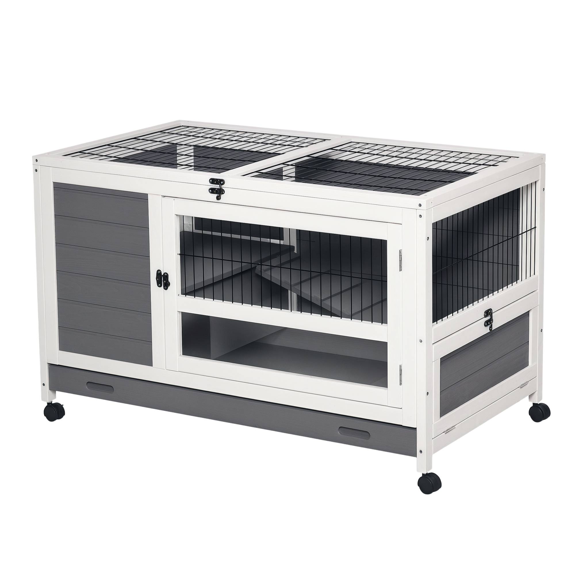 Sans Marque - Clapier bois cage lapin villa plateau coulissant porte verrouillable dessus ouvrable gris - Image 1