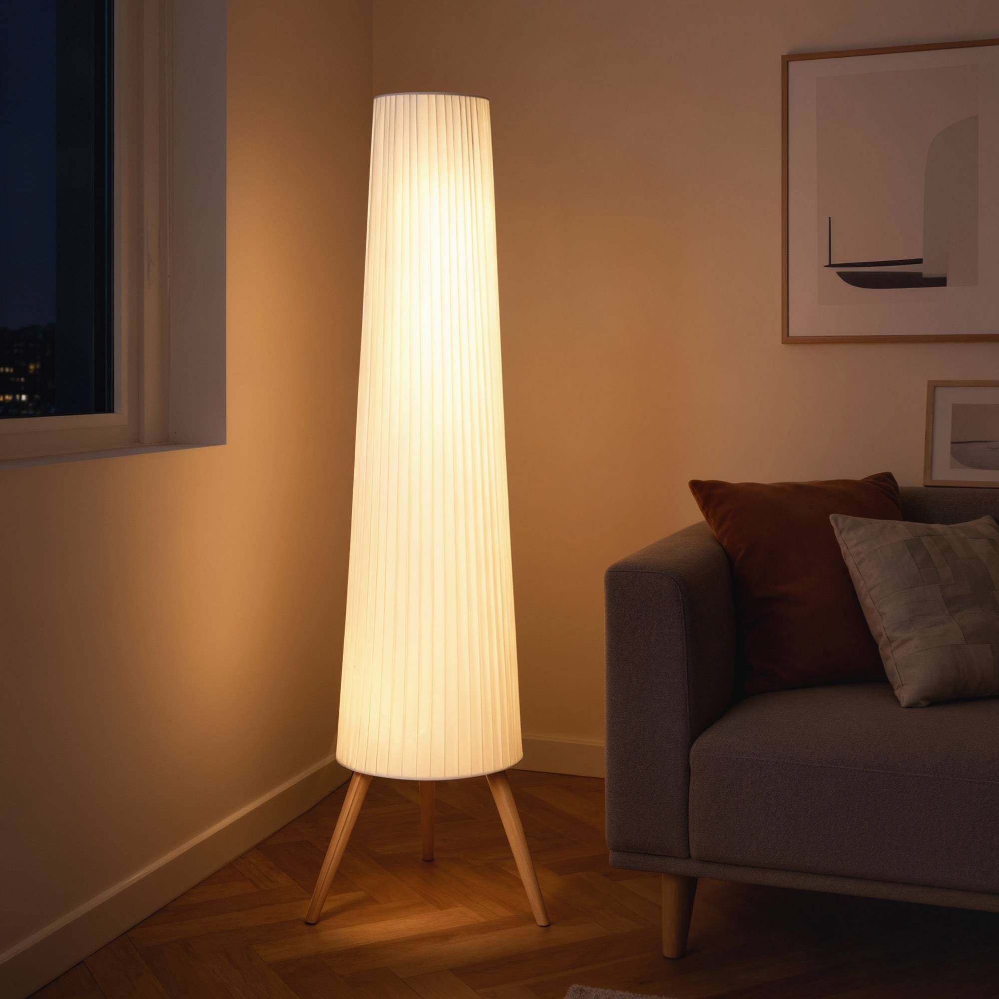 Lampadaire blanc trépied bois abat-jour tissu 3 réglages de luminosité interrupteur au pied - Image 7