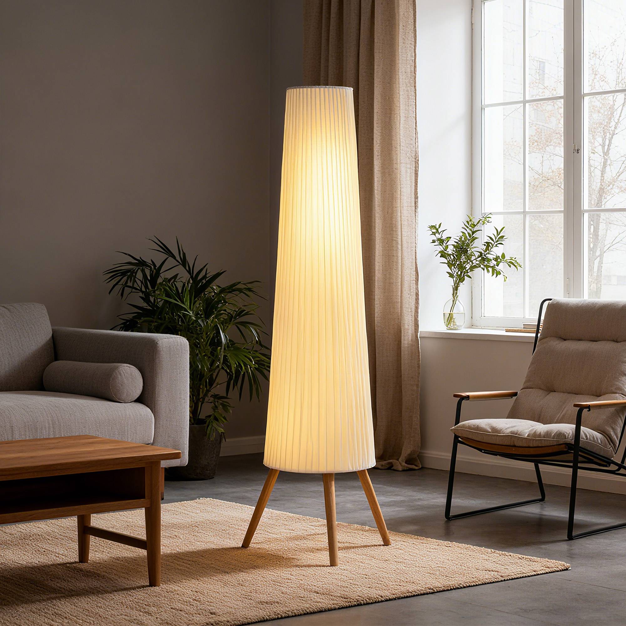 Lampadaire blanc trépied bois abat-jour tissu 3 réglages de luminosité interrupteur au pied - Image 8