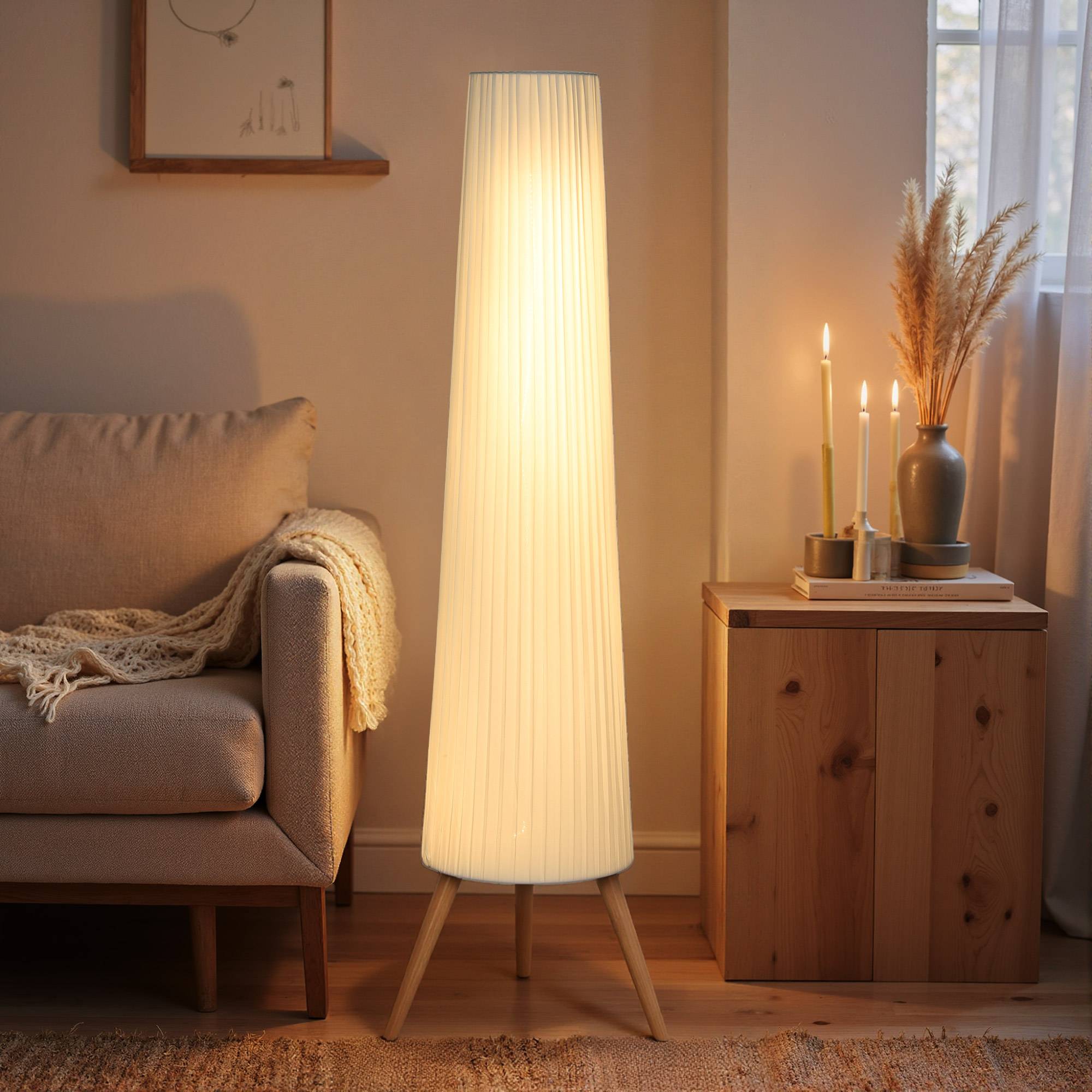 Lampadaire blanc trépied bois abat-jour tissu 3 réglages de luminosité interrupteur au pied - Image 2