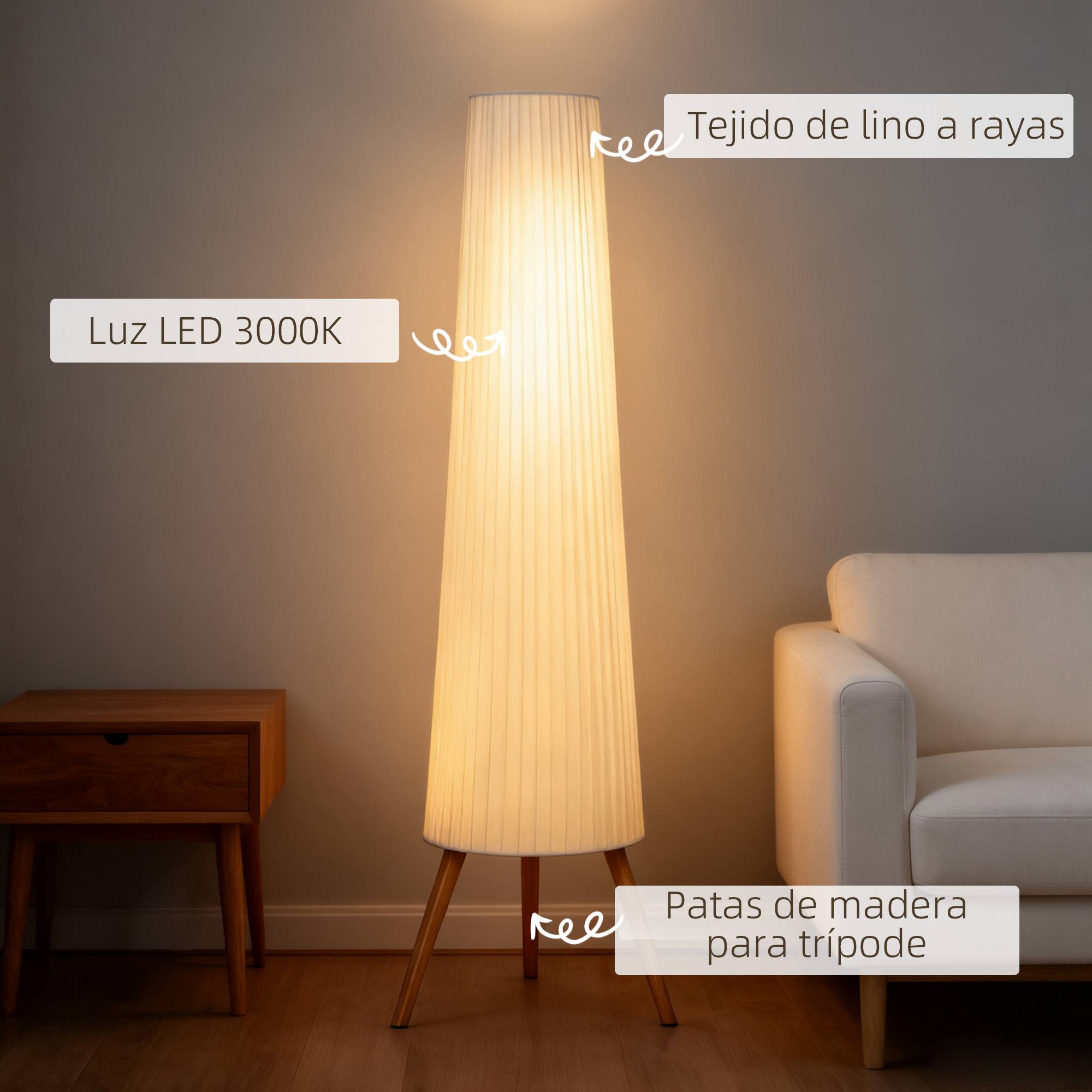 Lampadaire blanc trépied bois abat-jour tissu 3 réglages de luminosité interrupteur au pied - Image 5